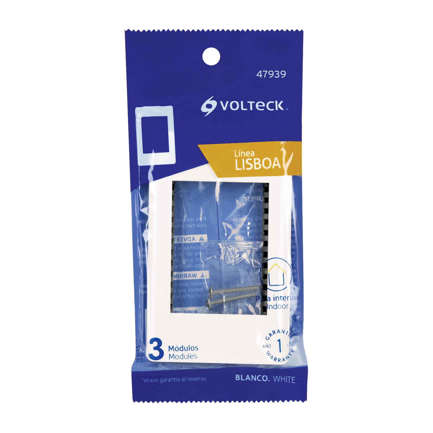 Placa blanca de 1 ventana 3 módulos, línea Lisboa, VOLTECK