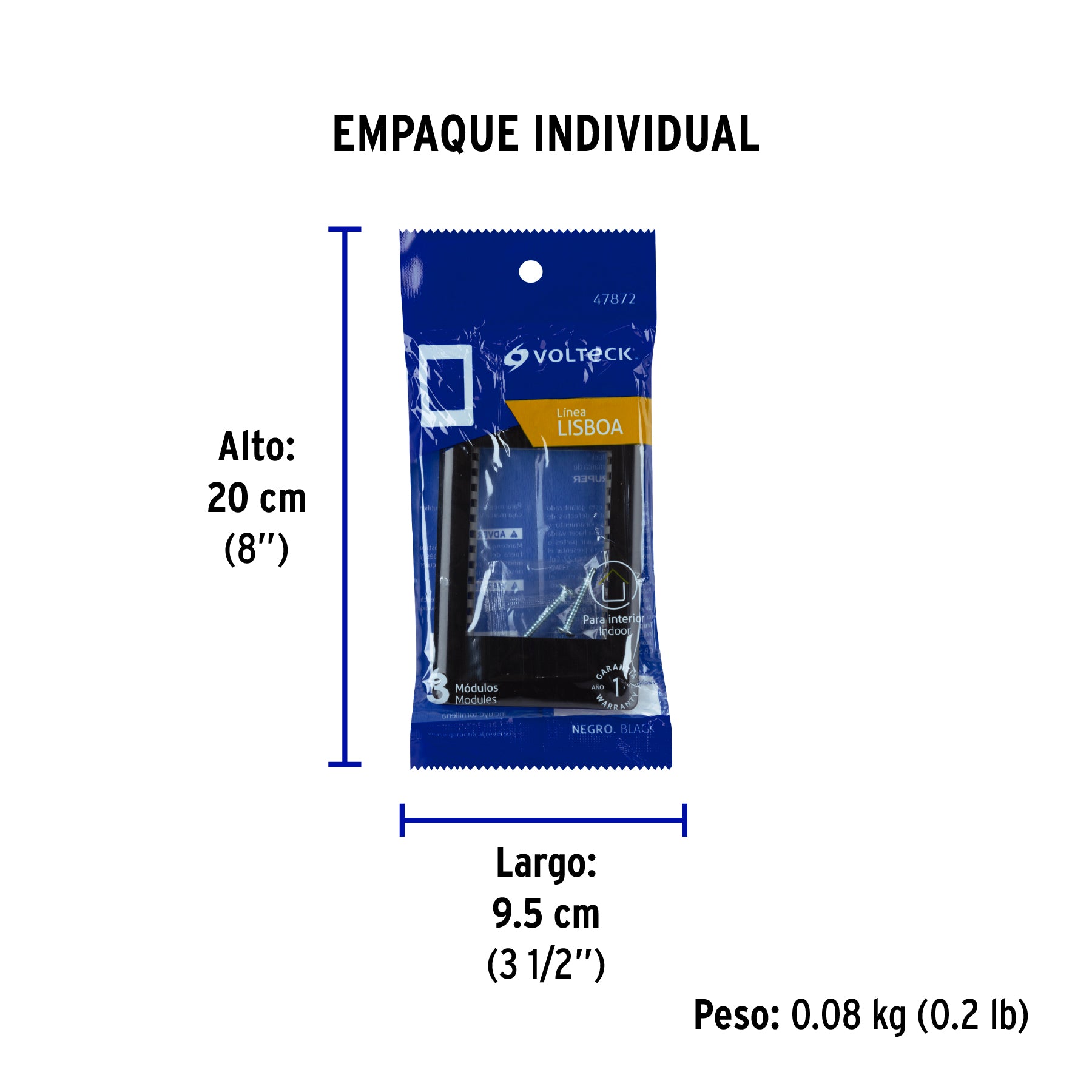 Placa negra de 1 ventana 3 módulos, línea Lisboa, VOLTECK - Empaque