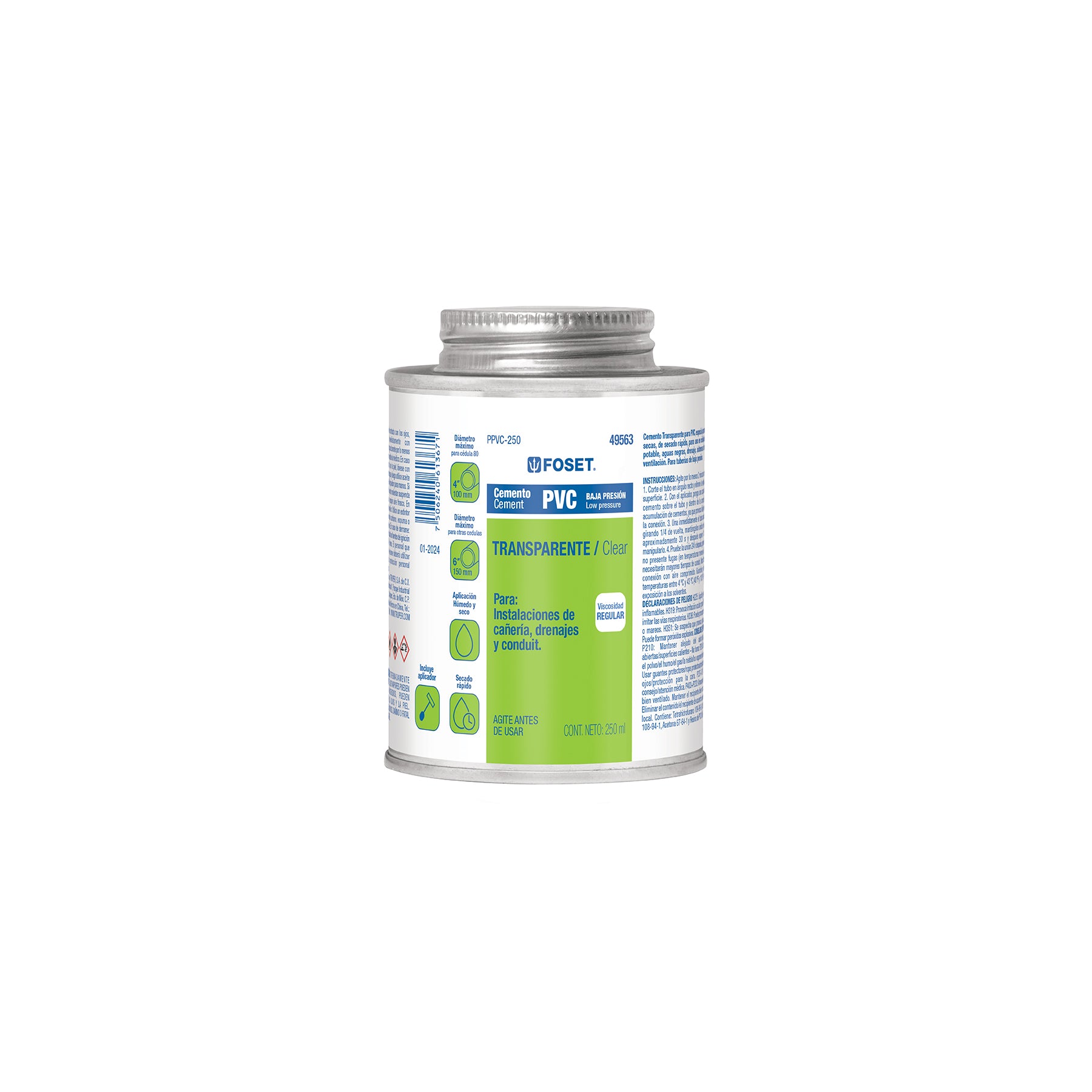 Cemento p/PVC, transparente, baja presión, lata 250ml, FOSET