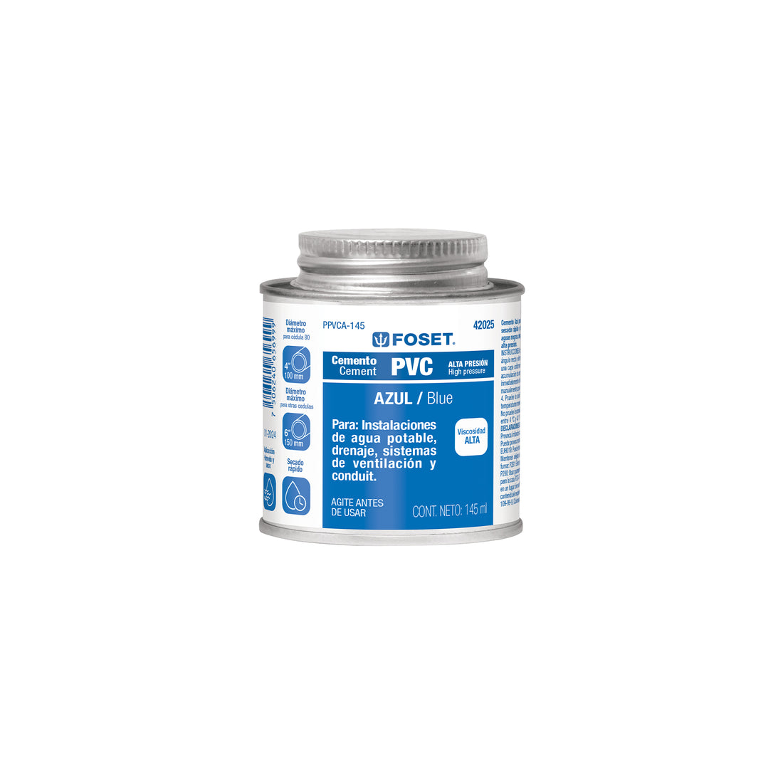 Cemento p/PVC, azul, alta presión, lata 145ml, FOSET