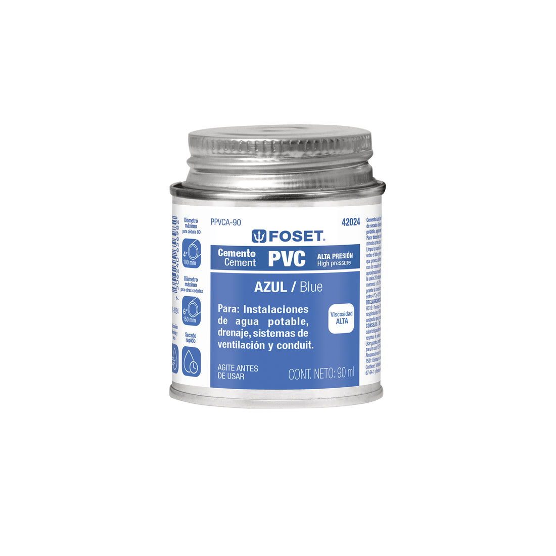 Cemento p/PVC, azul, alta presión, lata 90ml, FOSET