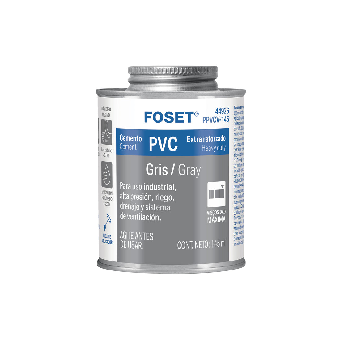 Cemento para PVC, gris, máxima viscosidad, lata 145ml, FOSET