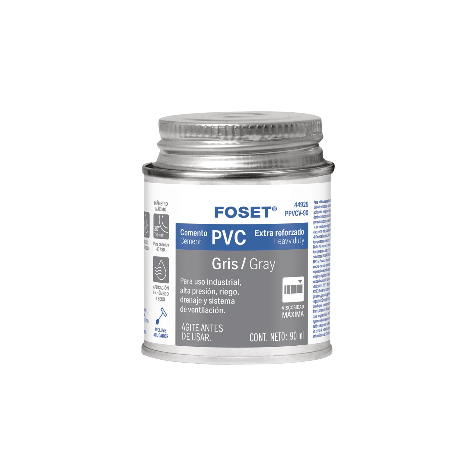 Cemento para PVC, gris, máxima viscosidad, lata 90ml, FOSET