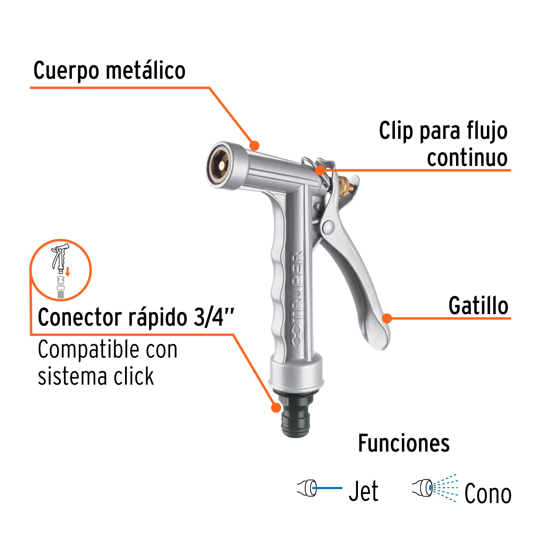 Pistola metálica para riego, 2 funciones, TRUPER