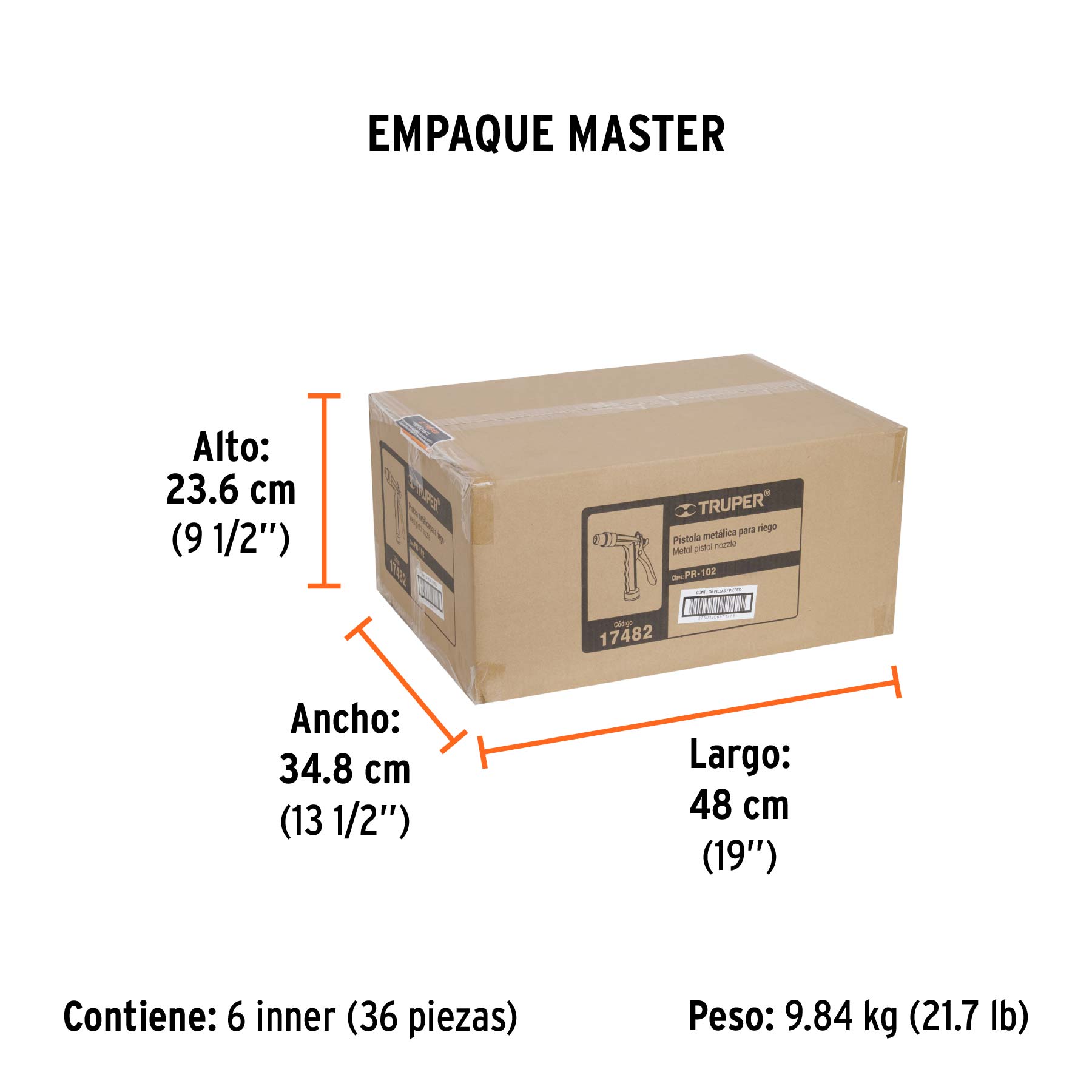 Pistola metálica para riego, 2 funciones, boquilla regulable - Empaque