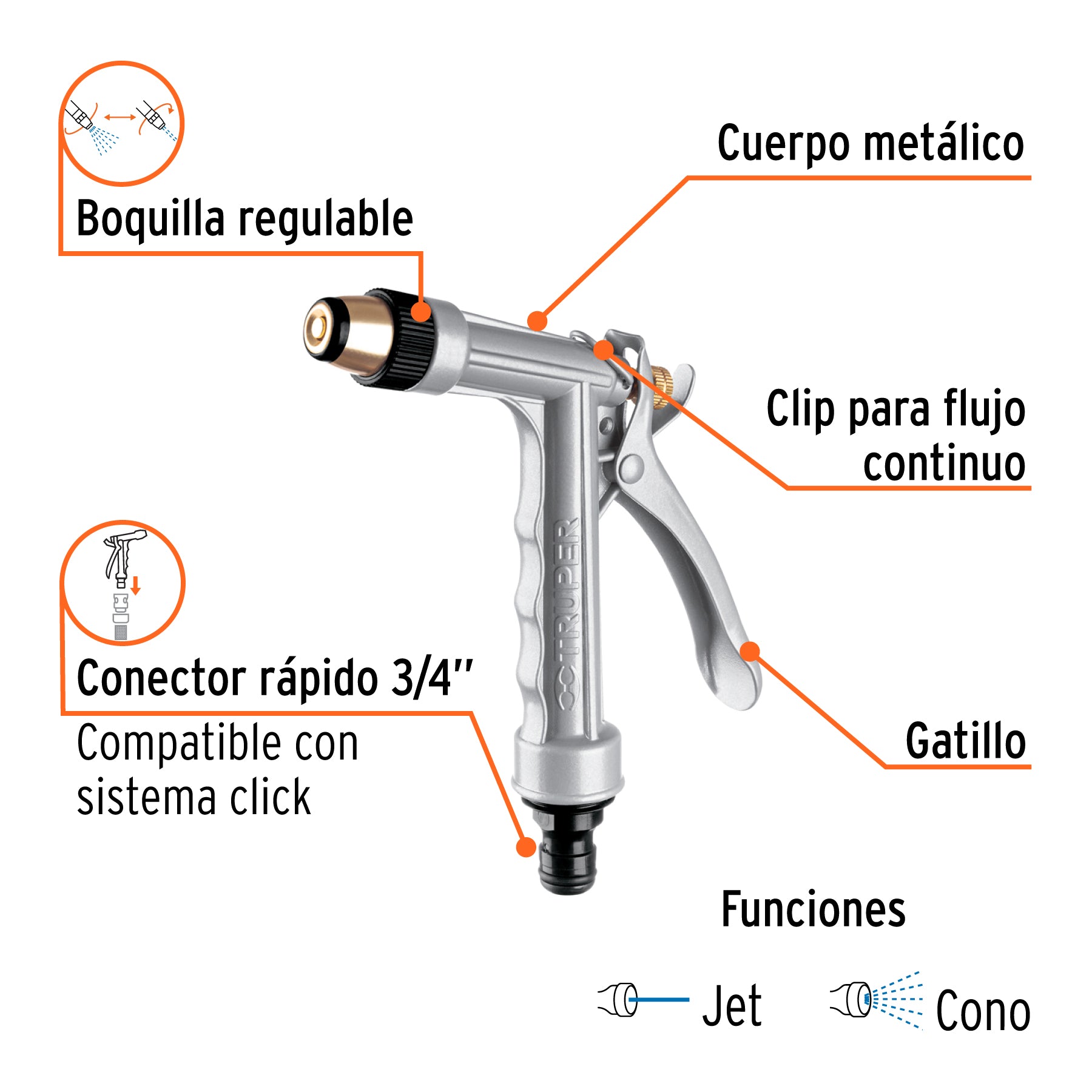 Pistola metálica para riego, 2 funciones, boquilla regulable