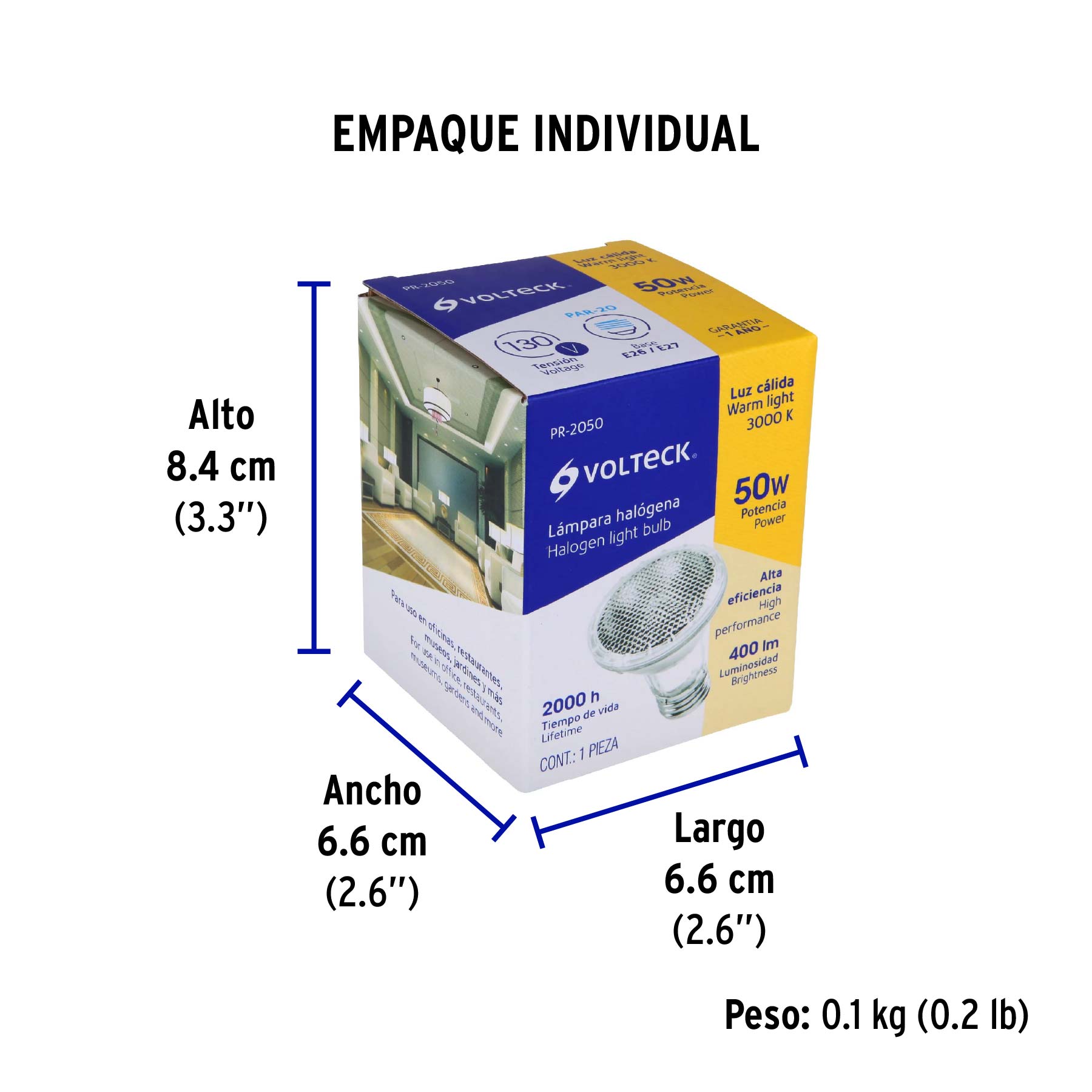 Lámpara de halógeno 50 W tipo PAR 20, en caja, VOLTECK - Empaque