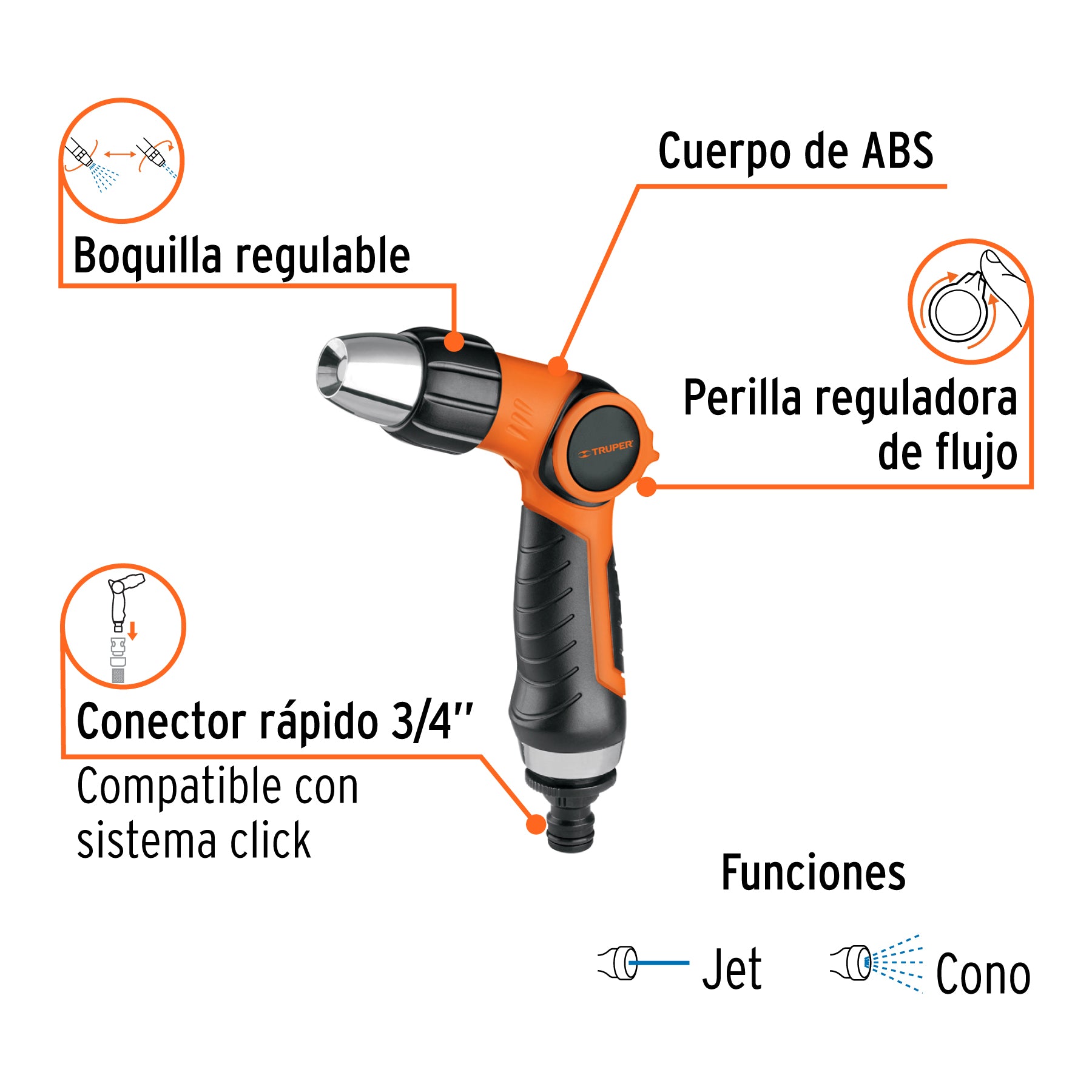Pistola para riego 2 funciones plástica, boquilla regulable