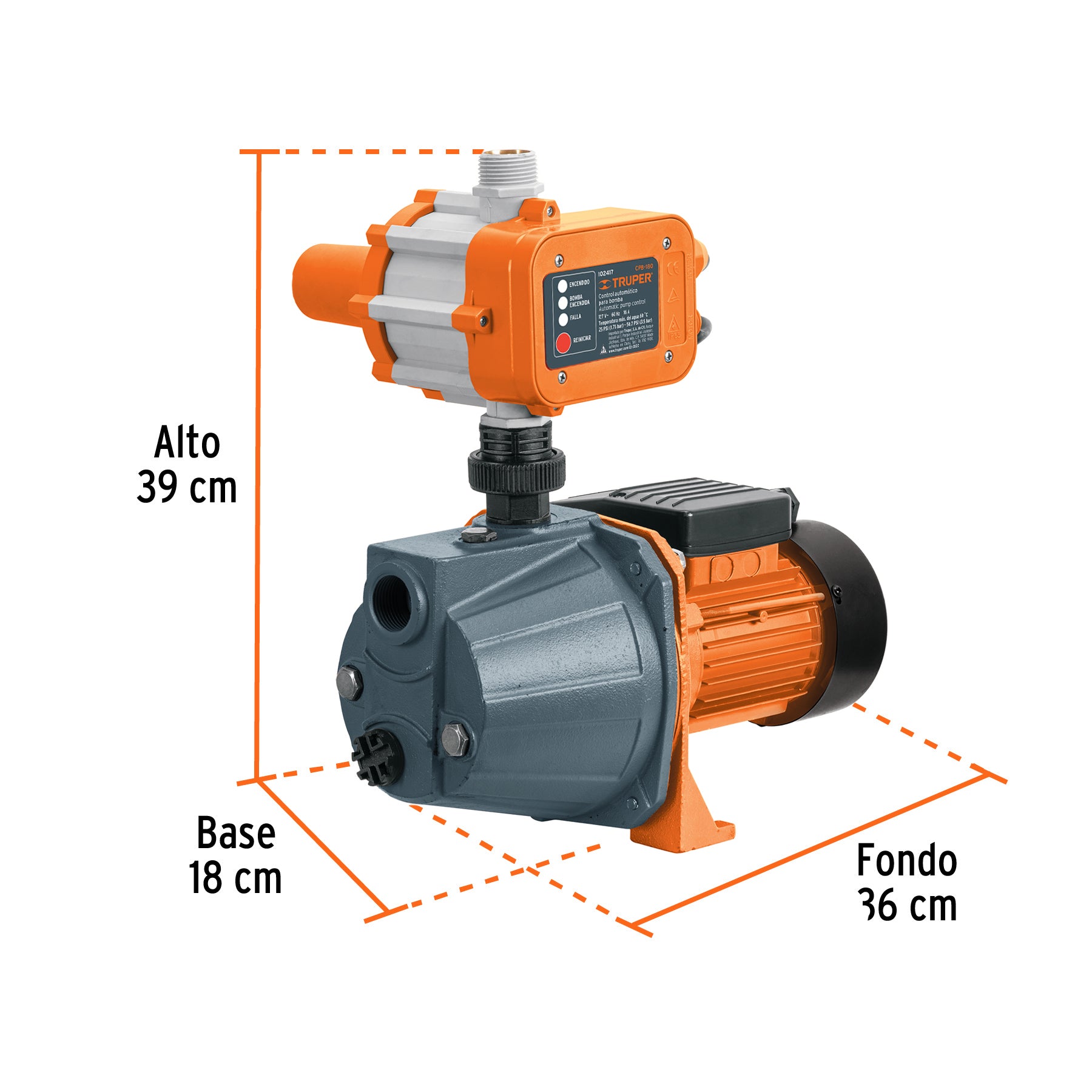 Bomba presurizadora jet hierro 1/2 HP con control, TRUPER