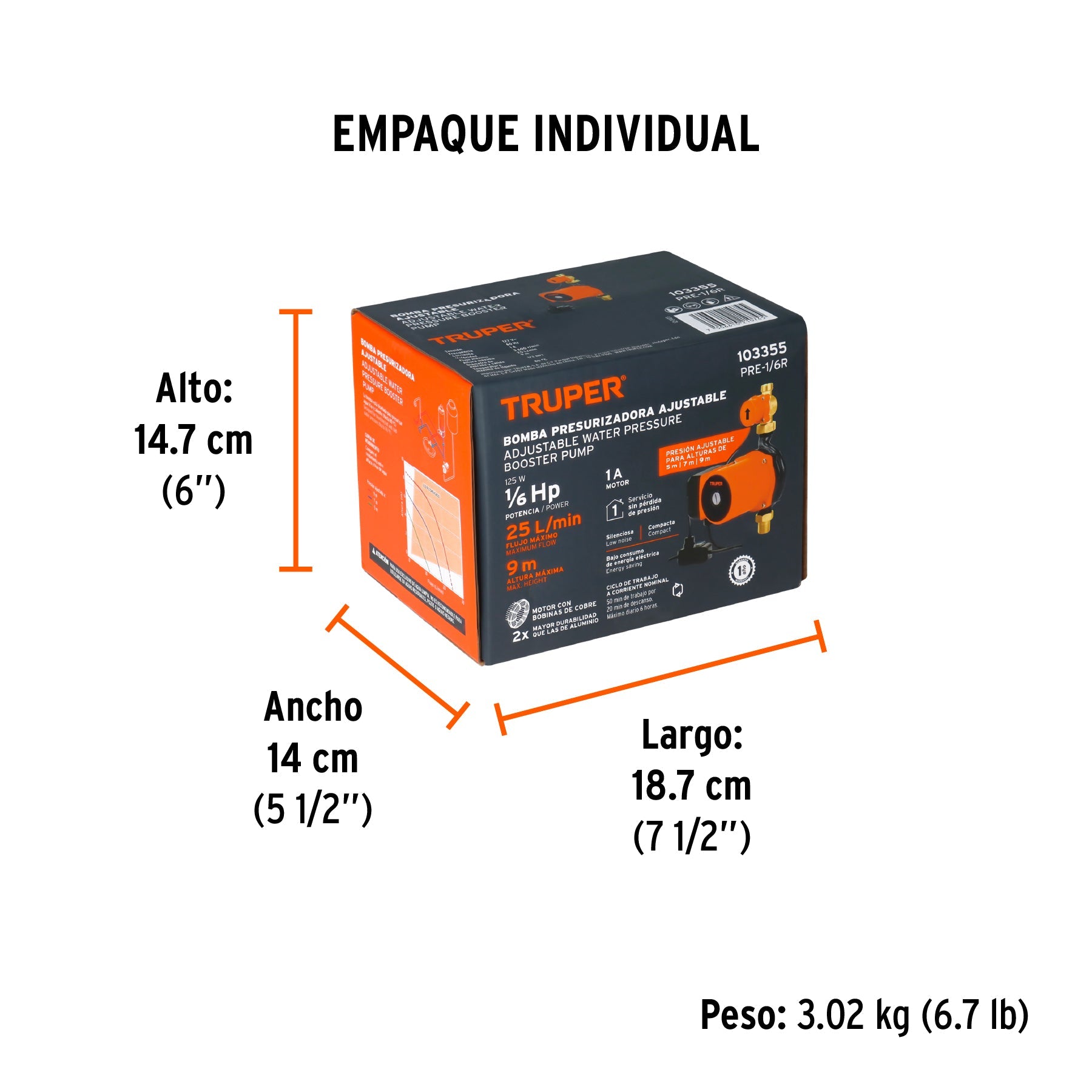 Bomba presurizadora 1/6 HP, con presión ajustable, TRUPER - Empaque