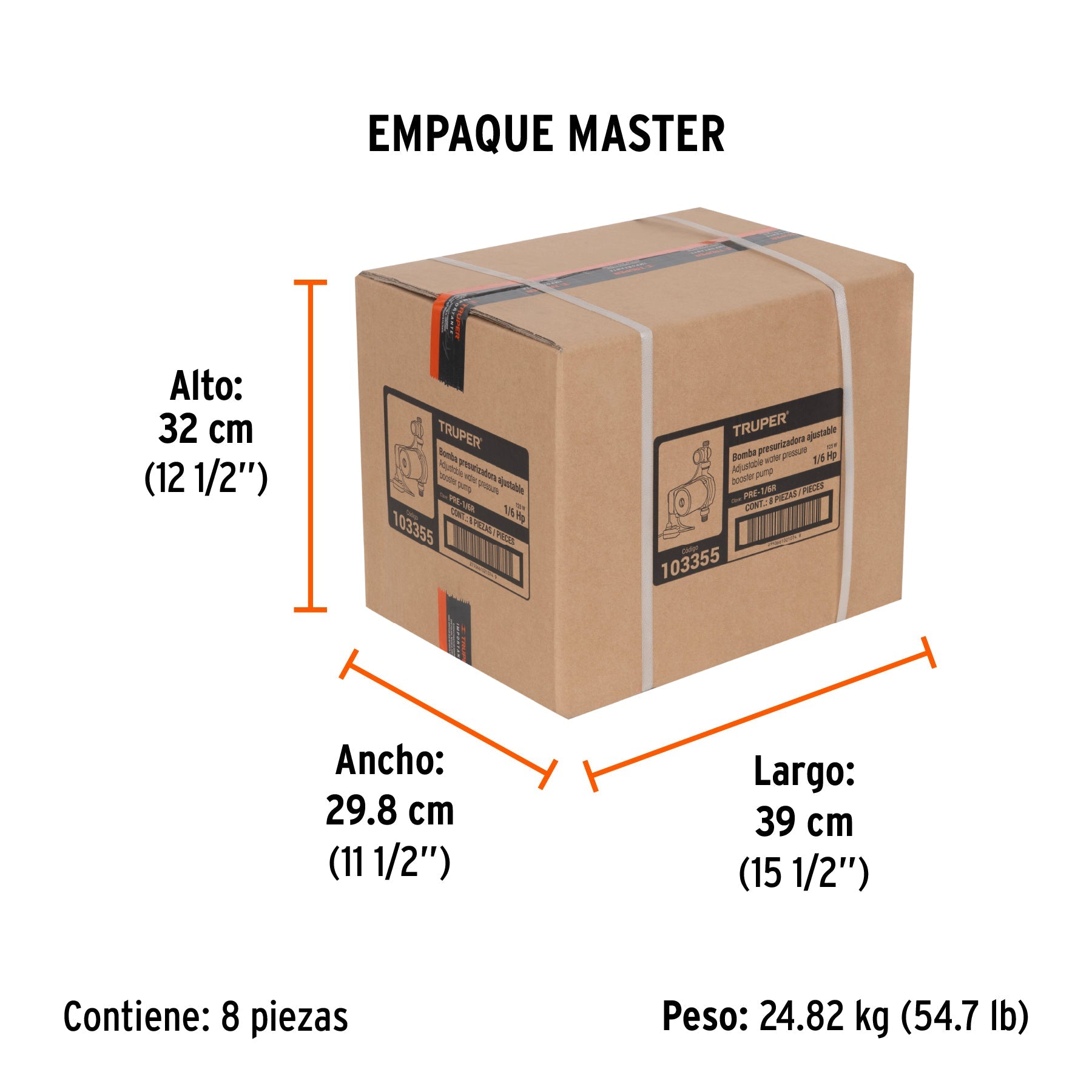 Bomba presurizadora 1/6 HP, con presión ajustable, TRUPER - Empaque
