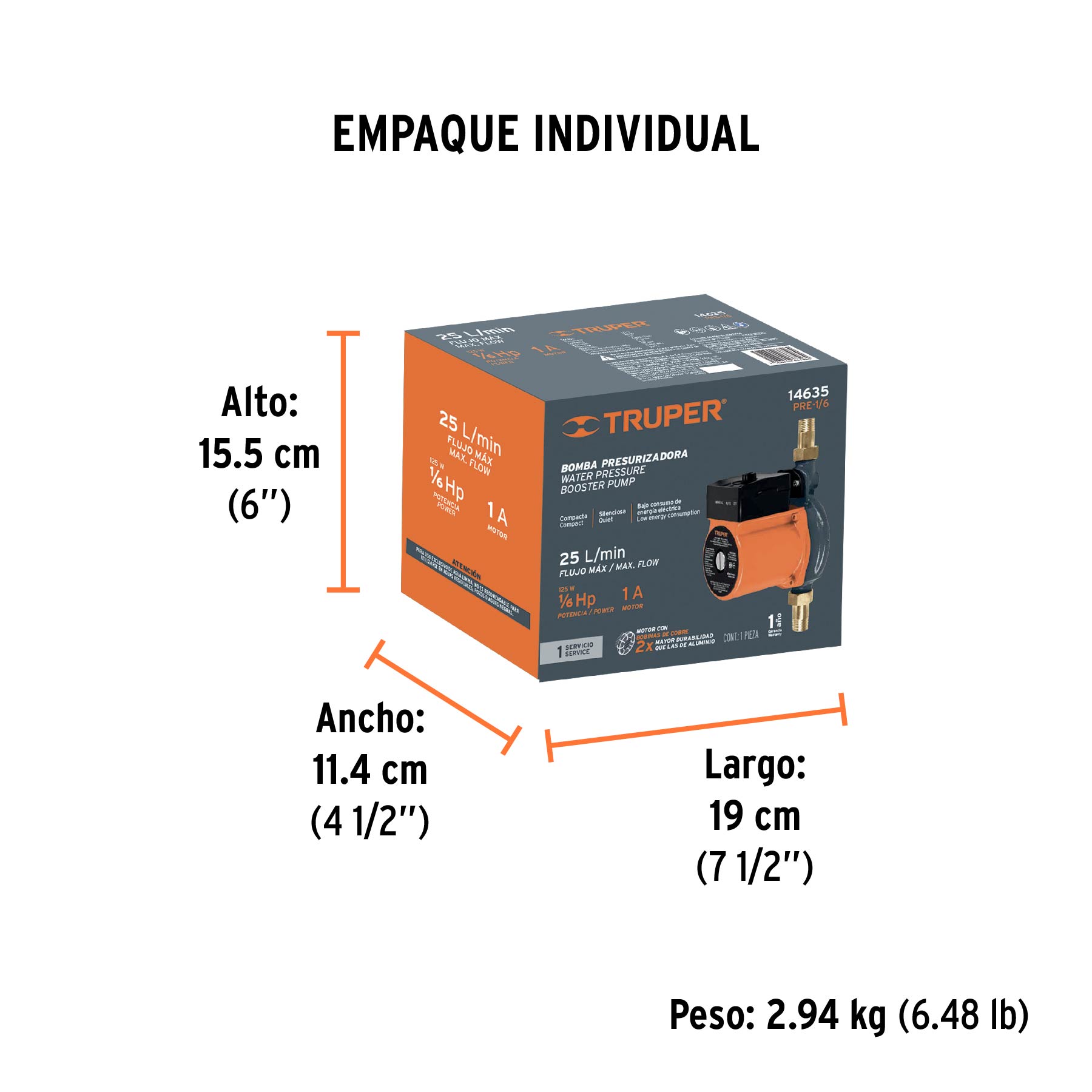 Bomba presurizadora 1/6 HP, TRUPER - Empaque