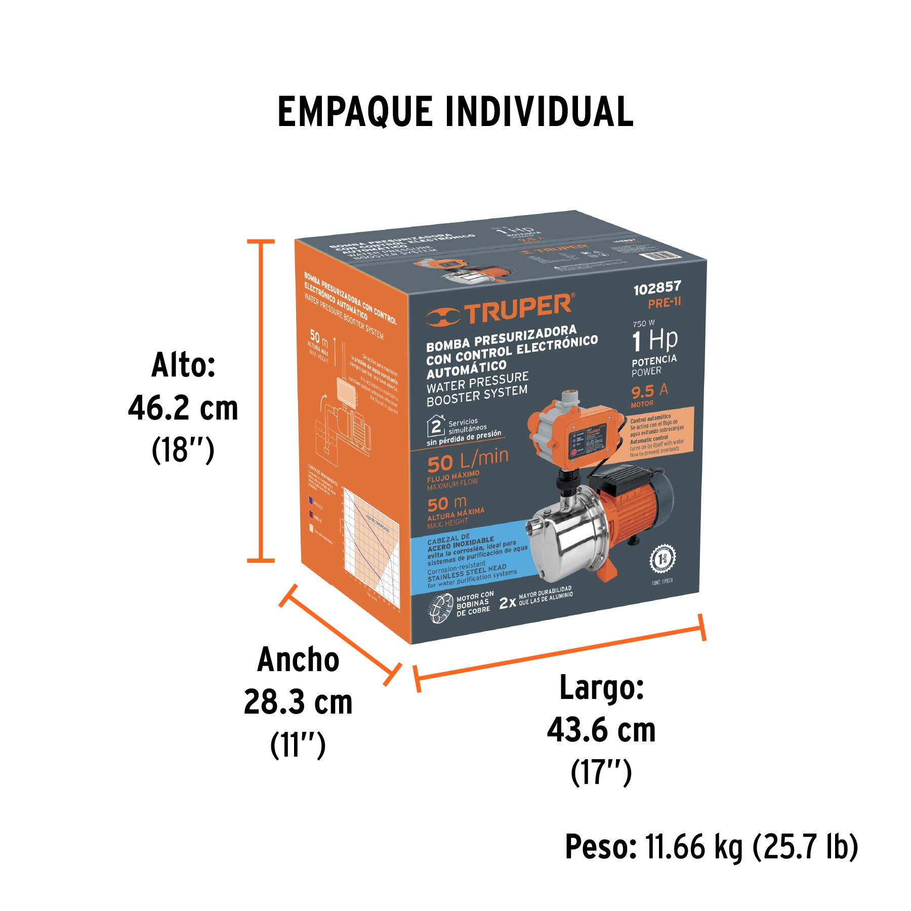 Bomba presurizadora jet acero 1 HP con control, TRUPER - Empaque