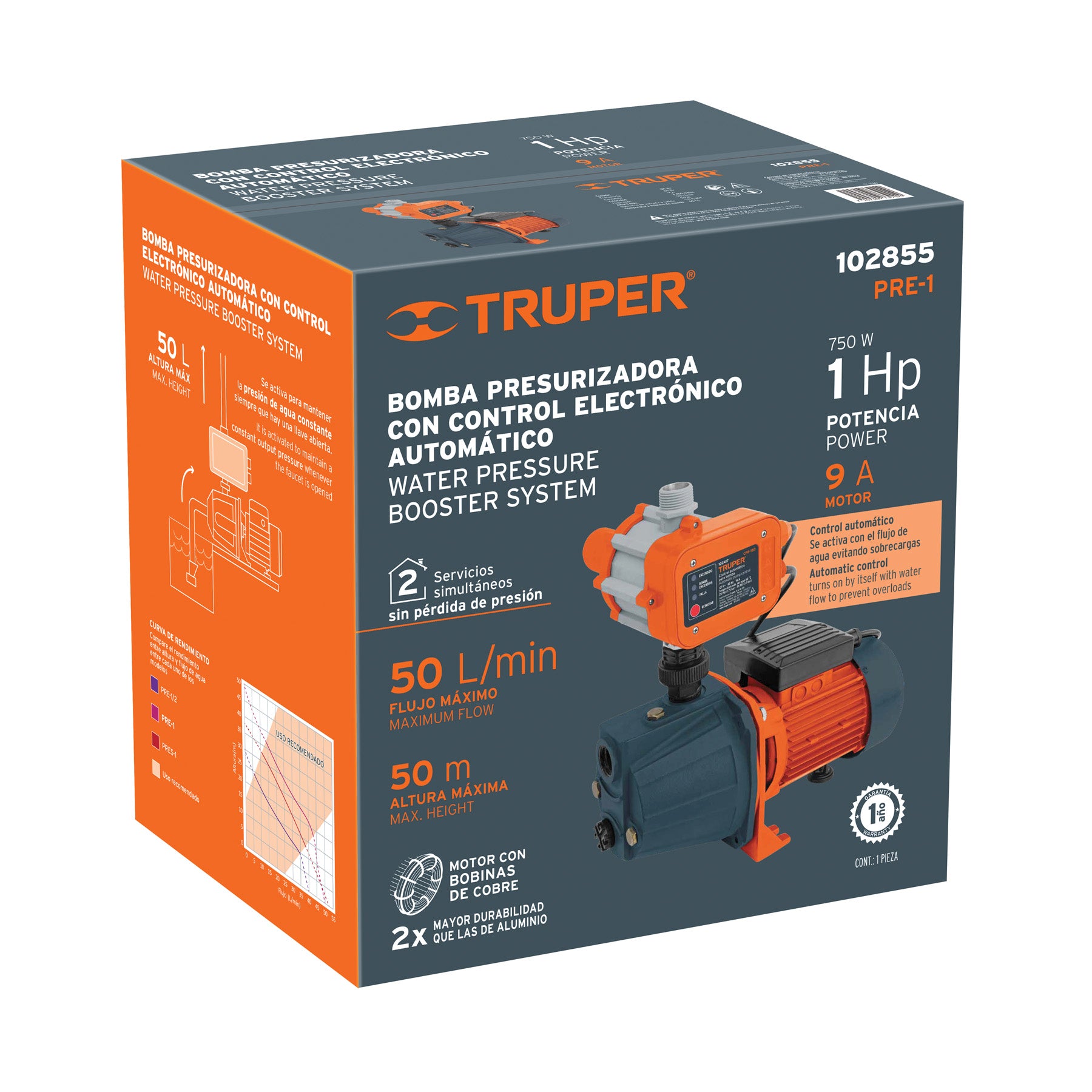 Bomba presurizadora jet hierro 1 HP con control, TRUPER