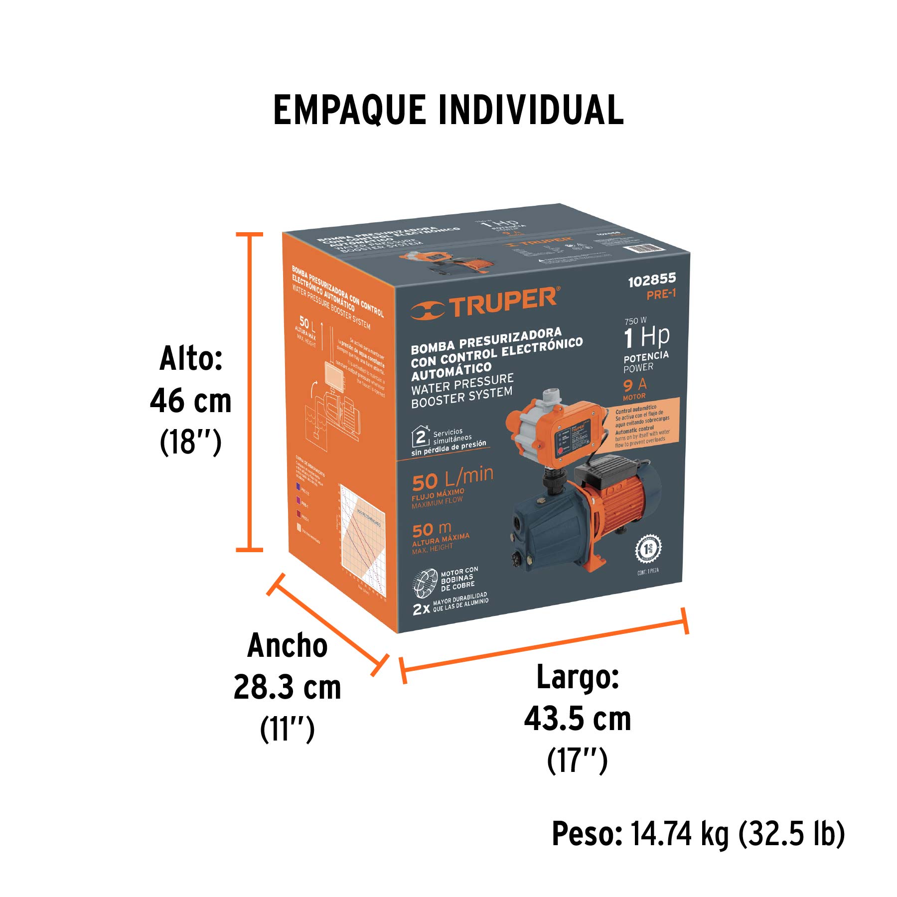 Bomba presurizadora jet hierro 1 HP con control, TRUPER - Empaque