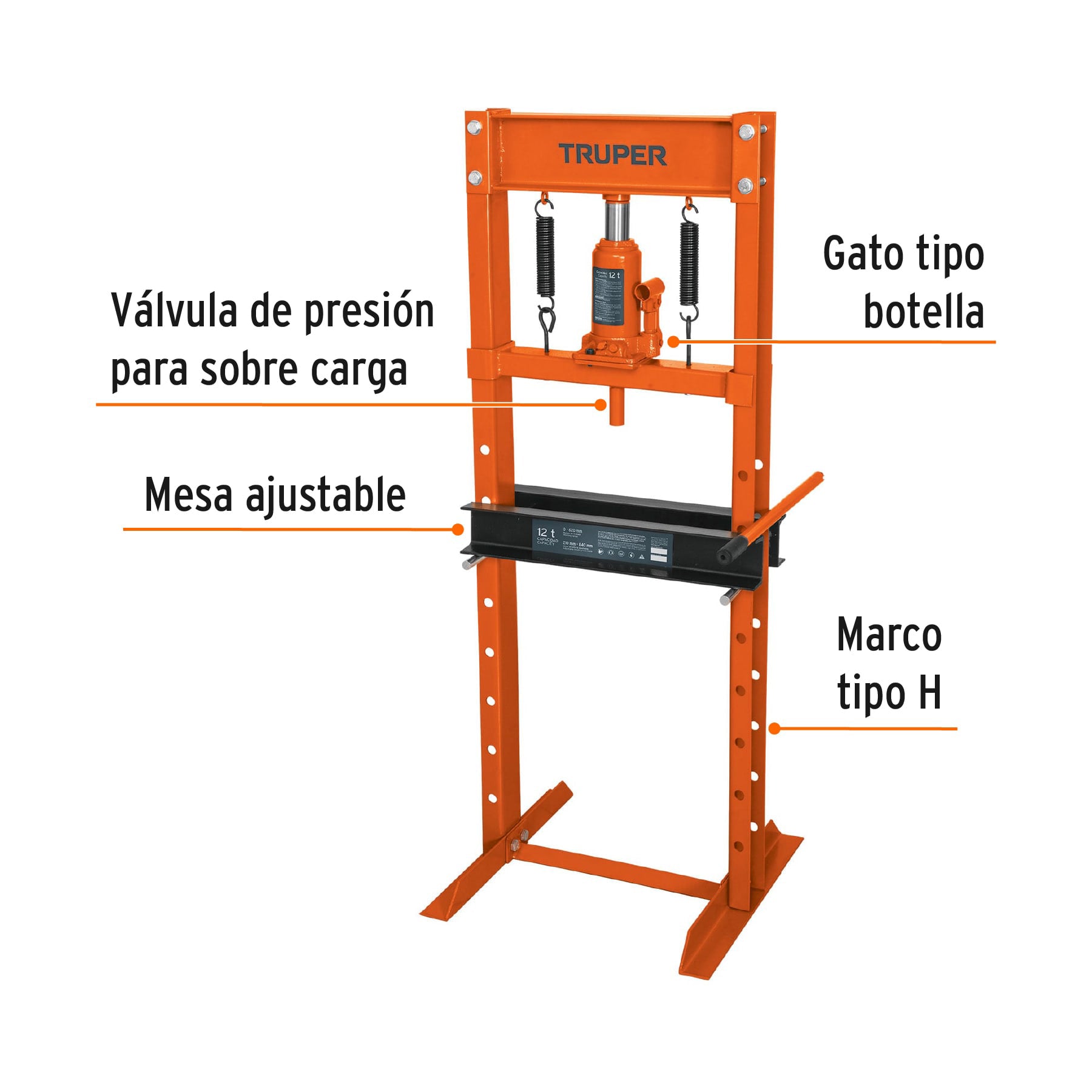 Prensa hidráulica tipo "H" de 12 ton, con gato de botella