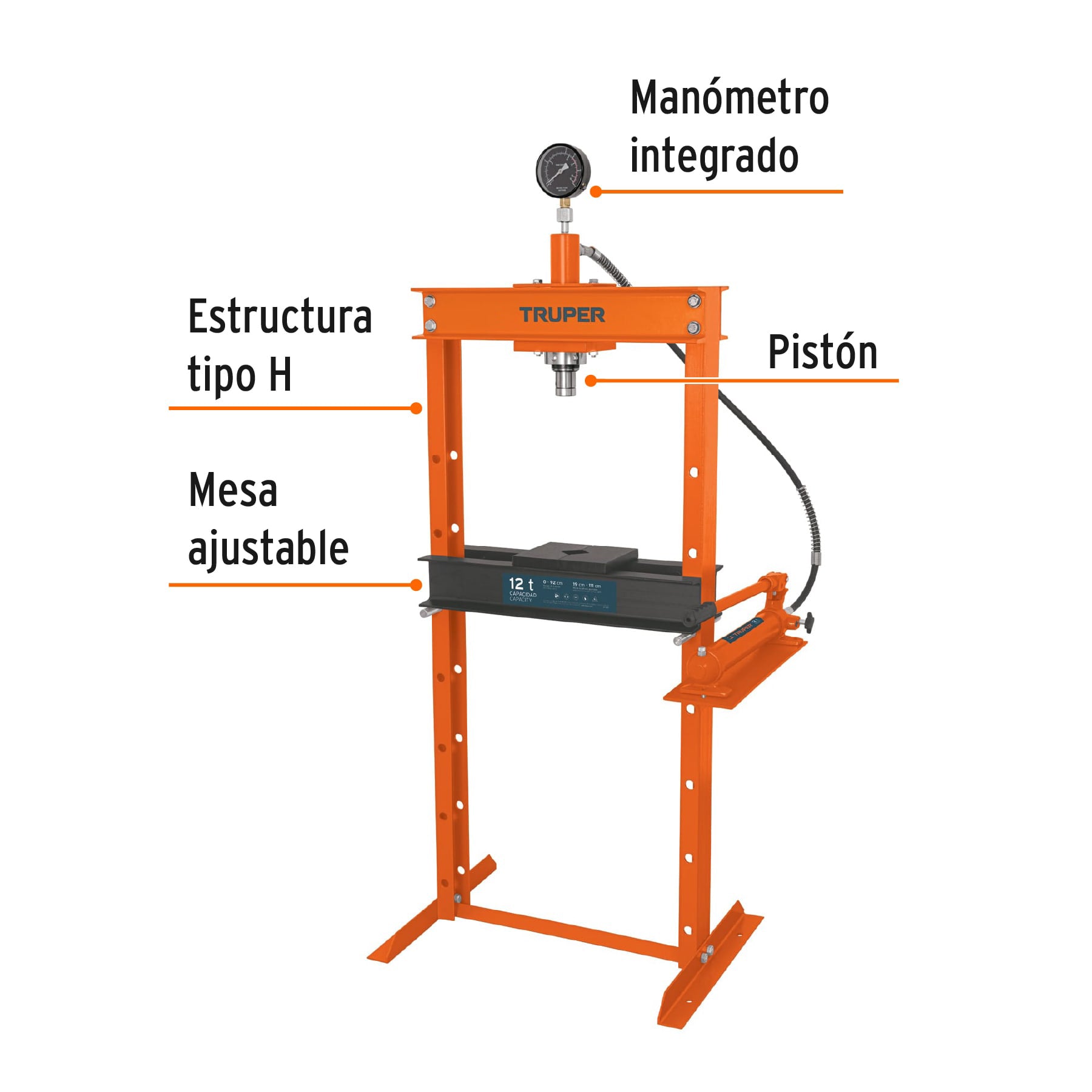 Prensa hidráulica tipo "H" de 12 ton, con pistón, TRUPER
