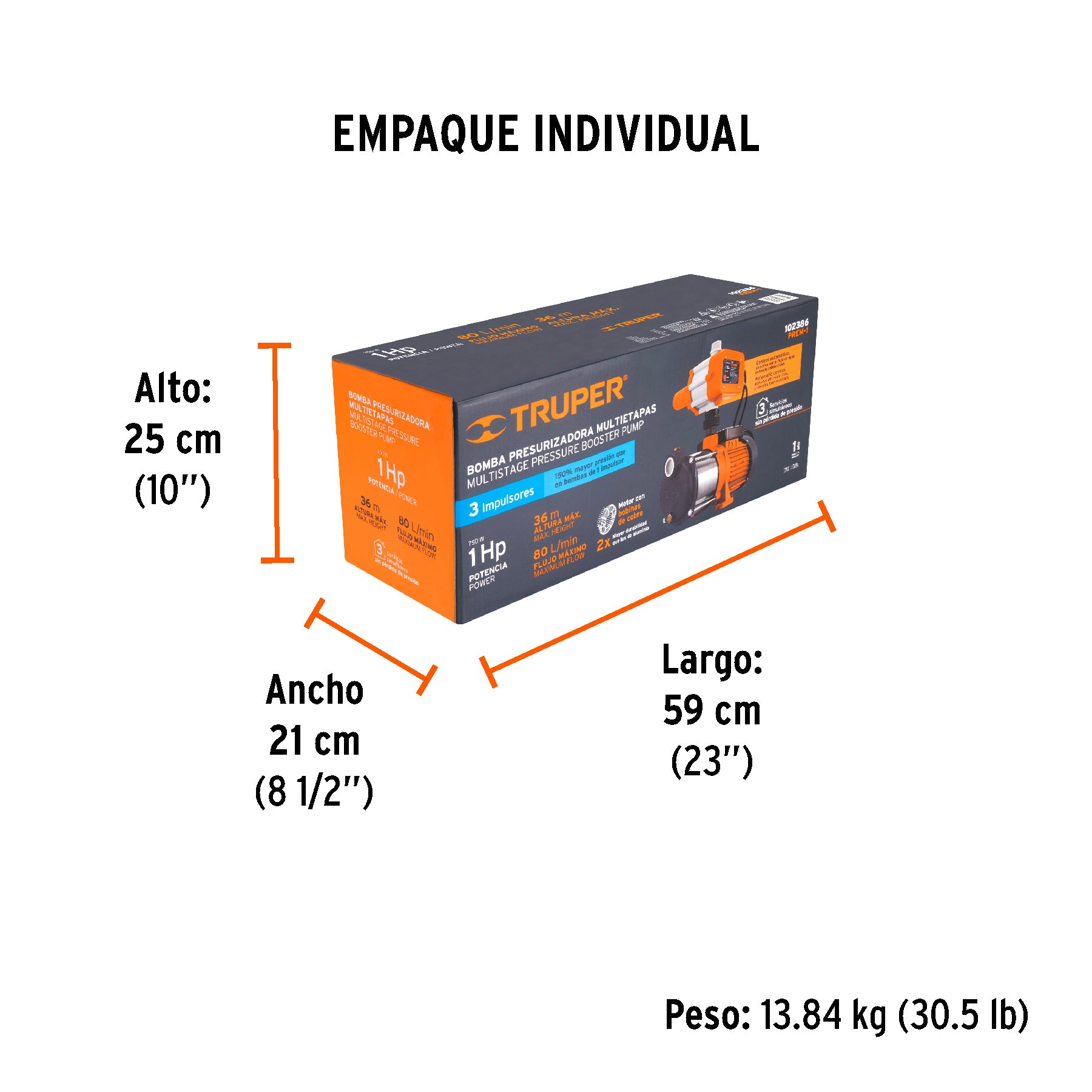 Bomba presurizadora multietapas 1 HP con control, TRUPER - Empaque