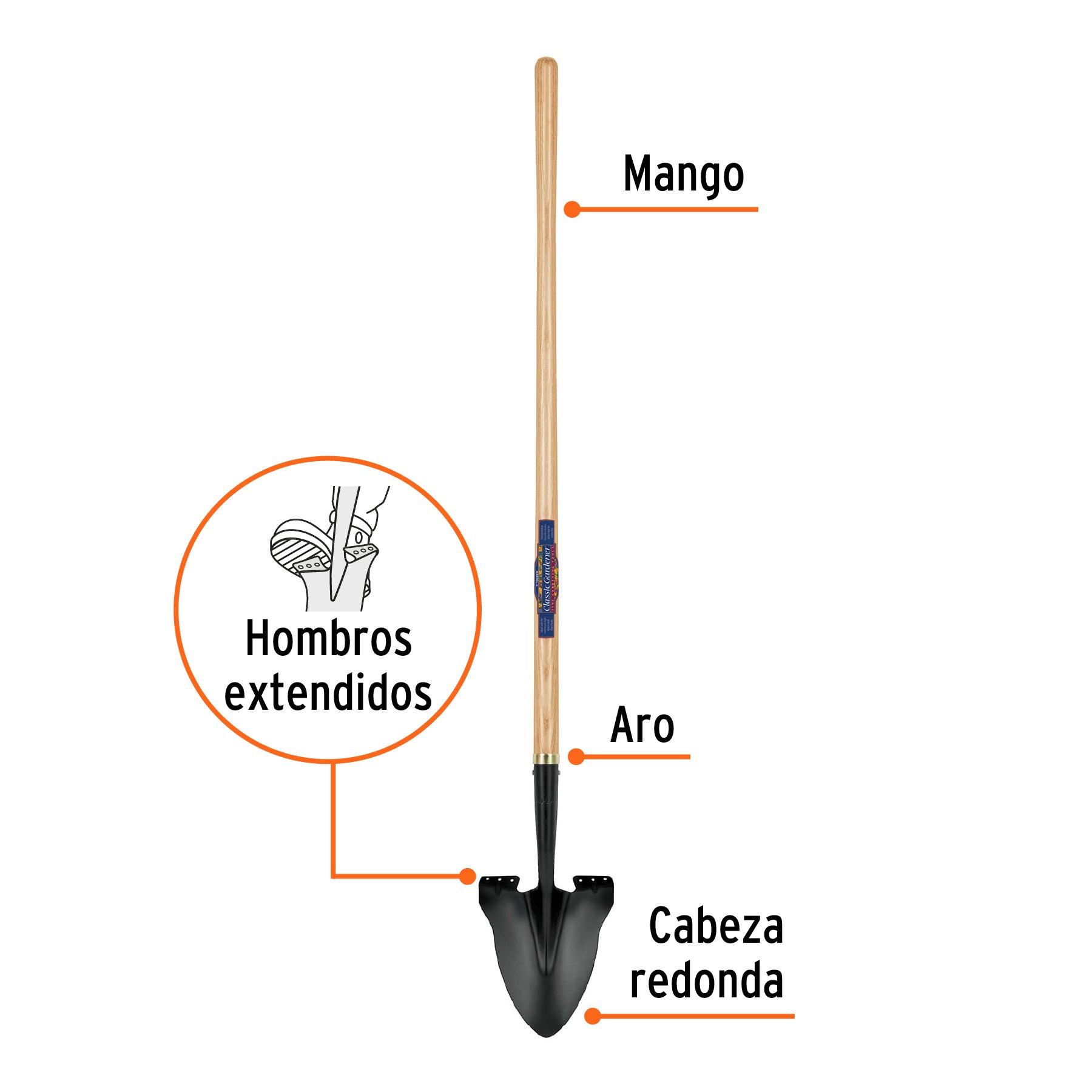 Pala redonda Classic Gardener, mango 45", TRUPER