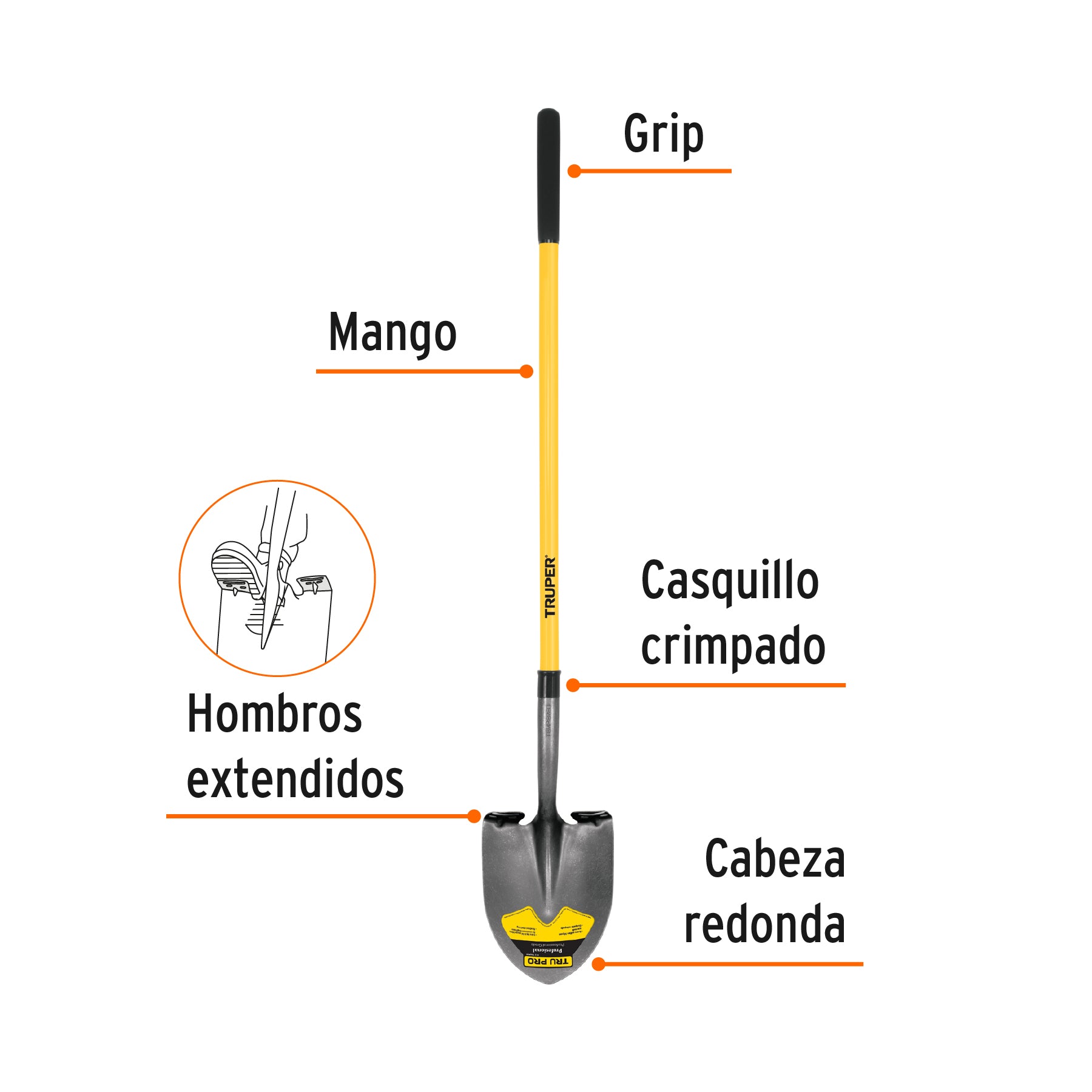 Pala redonda Tru Pro, mango largo de fibra de vidrio 48"
