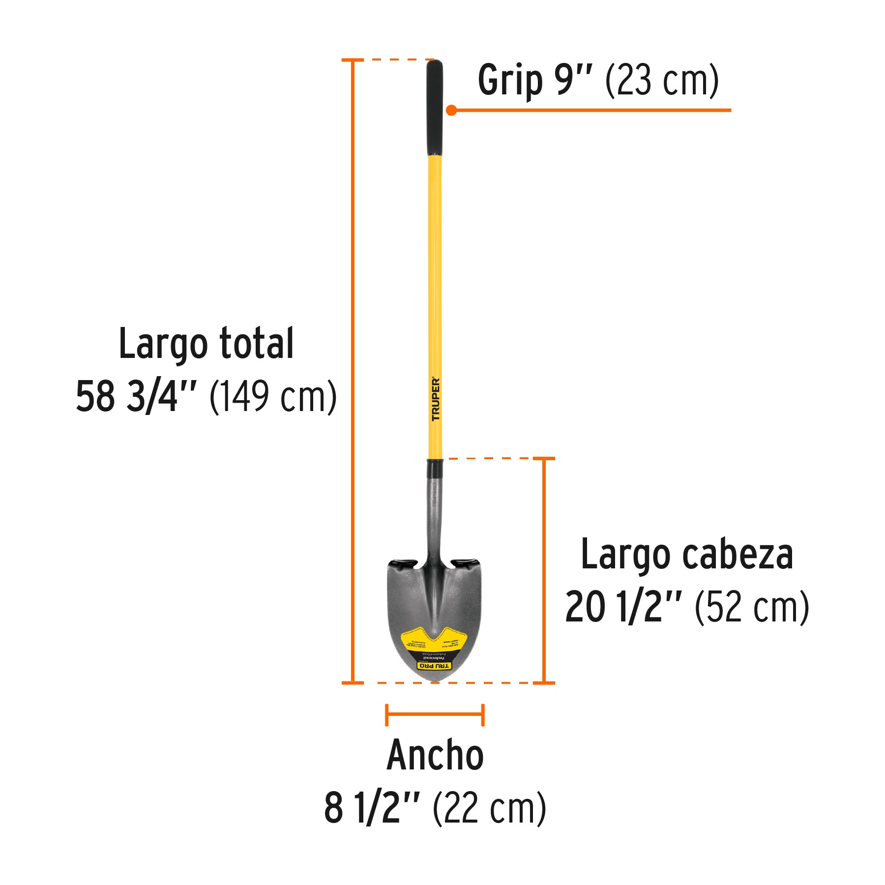 Pala redonda Tru Pro, mango largo de fibra de vidrio 48"
