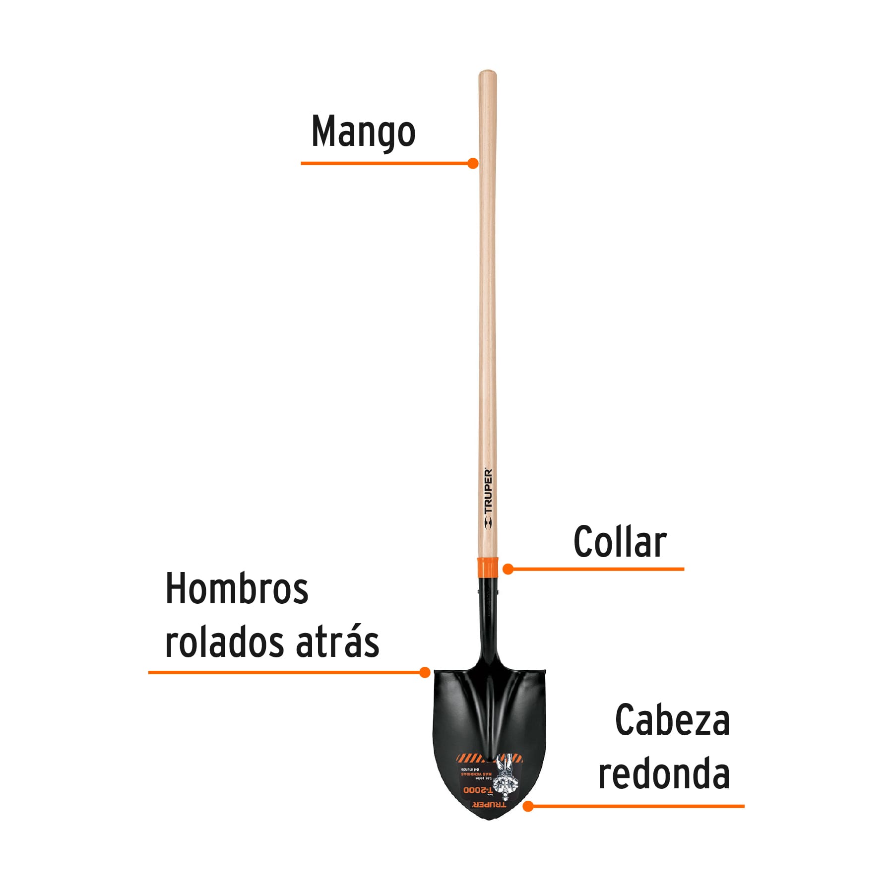 Pala redonda T-2000, mango largo 45", TRUPER