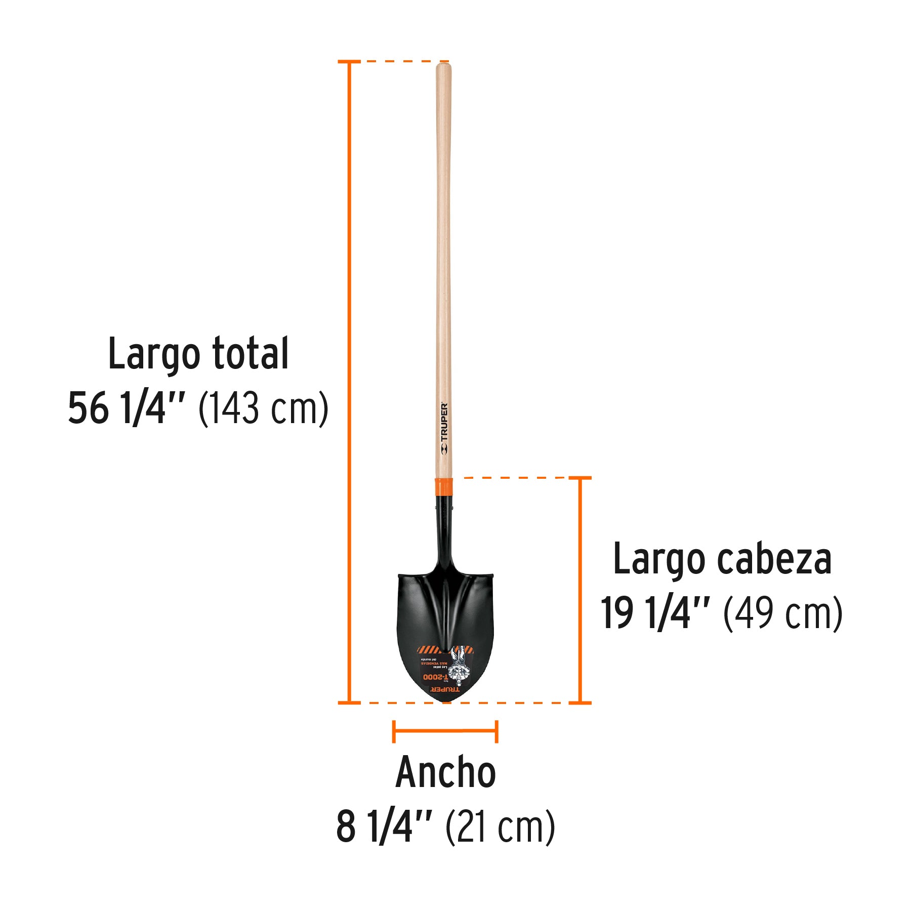 Pala redonda T-2000, mango largo 45", TRUPER
