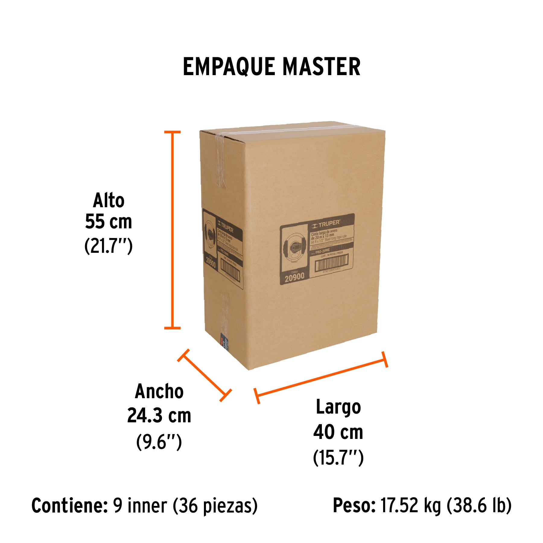 Cinta métrica larga 20 m, metálica, carcasa plástica, TRUPER - Empaque