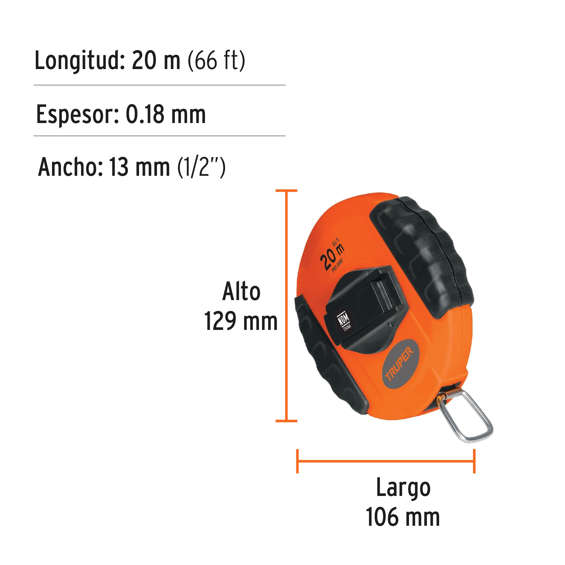 Cinta métrica larga 20 m, metálica, carcasa plástica, TRUPER