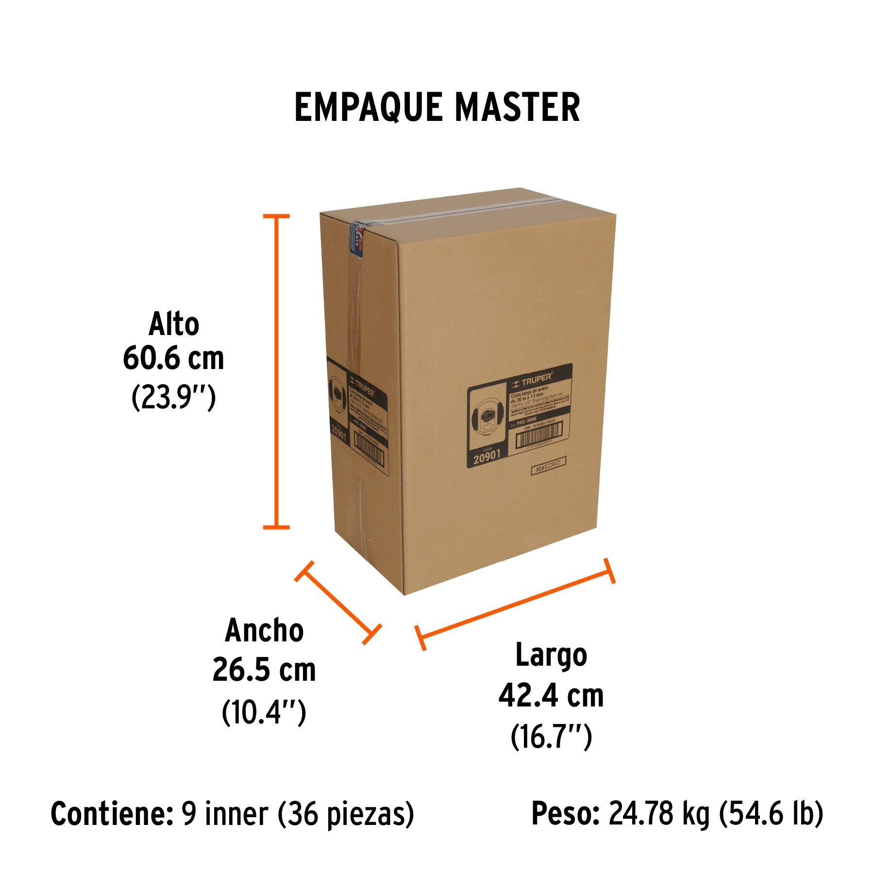 Cinta métrica larga 30 m, metálica, carcasa plástica, TRUPER - Empaque