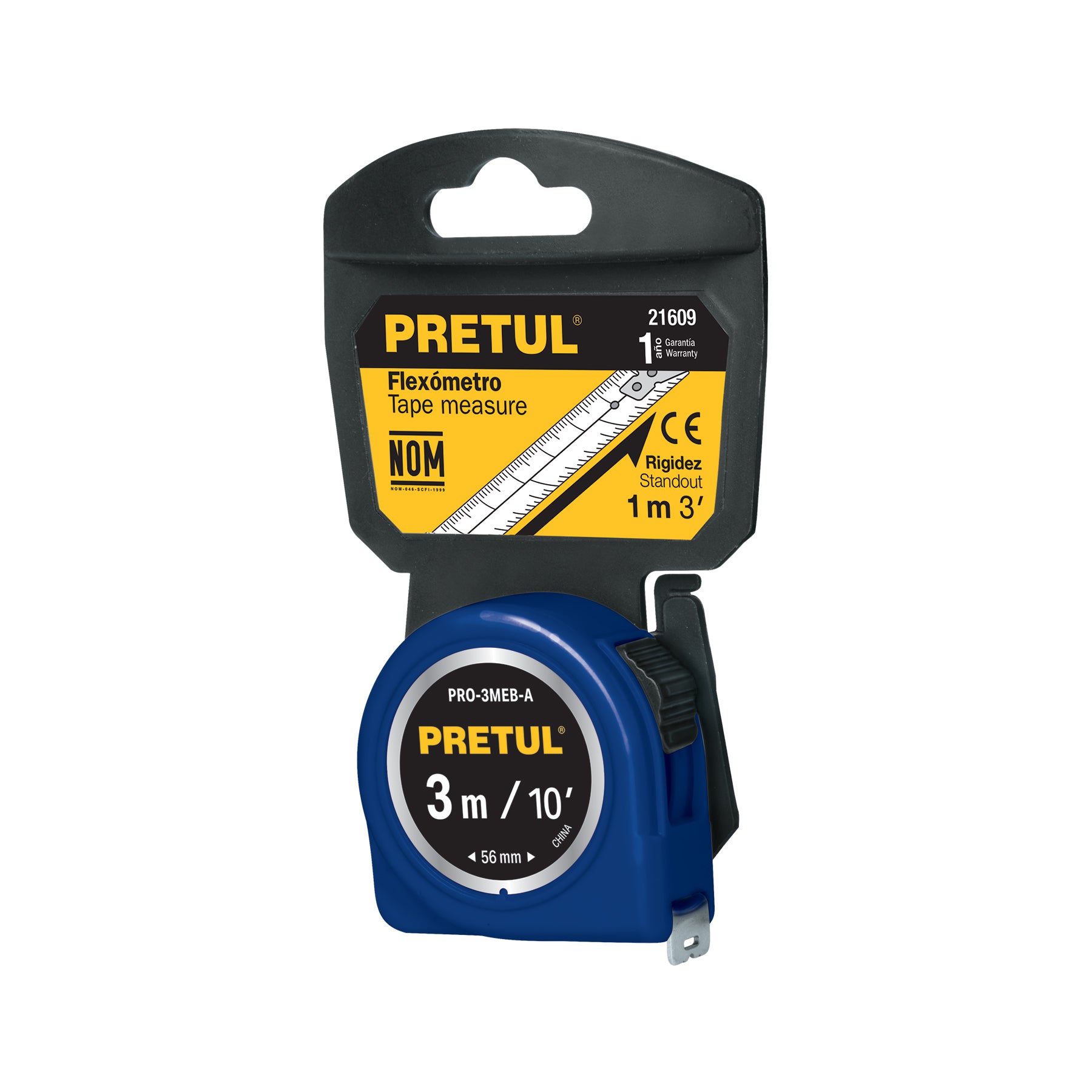 Flexómetro azul 3 m cinta 13 mm, en tarjeta, PRETUL