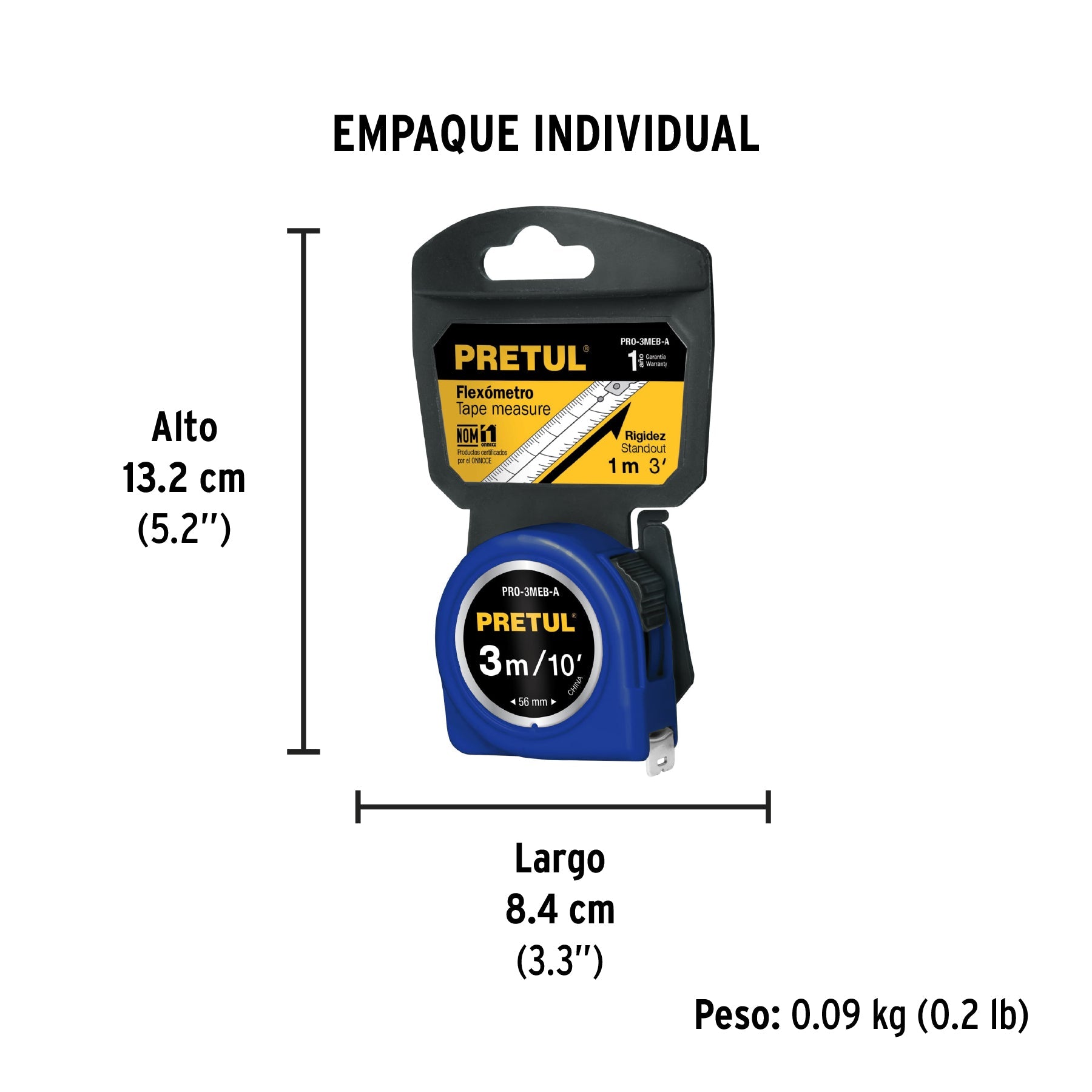 Flexómetro azul 3 m cinta 13 mm, en tarjeta, PRETUL - Empaque