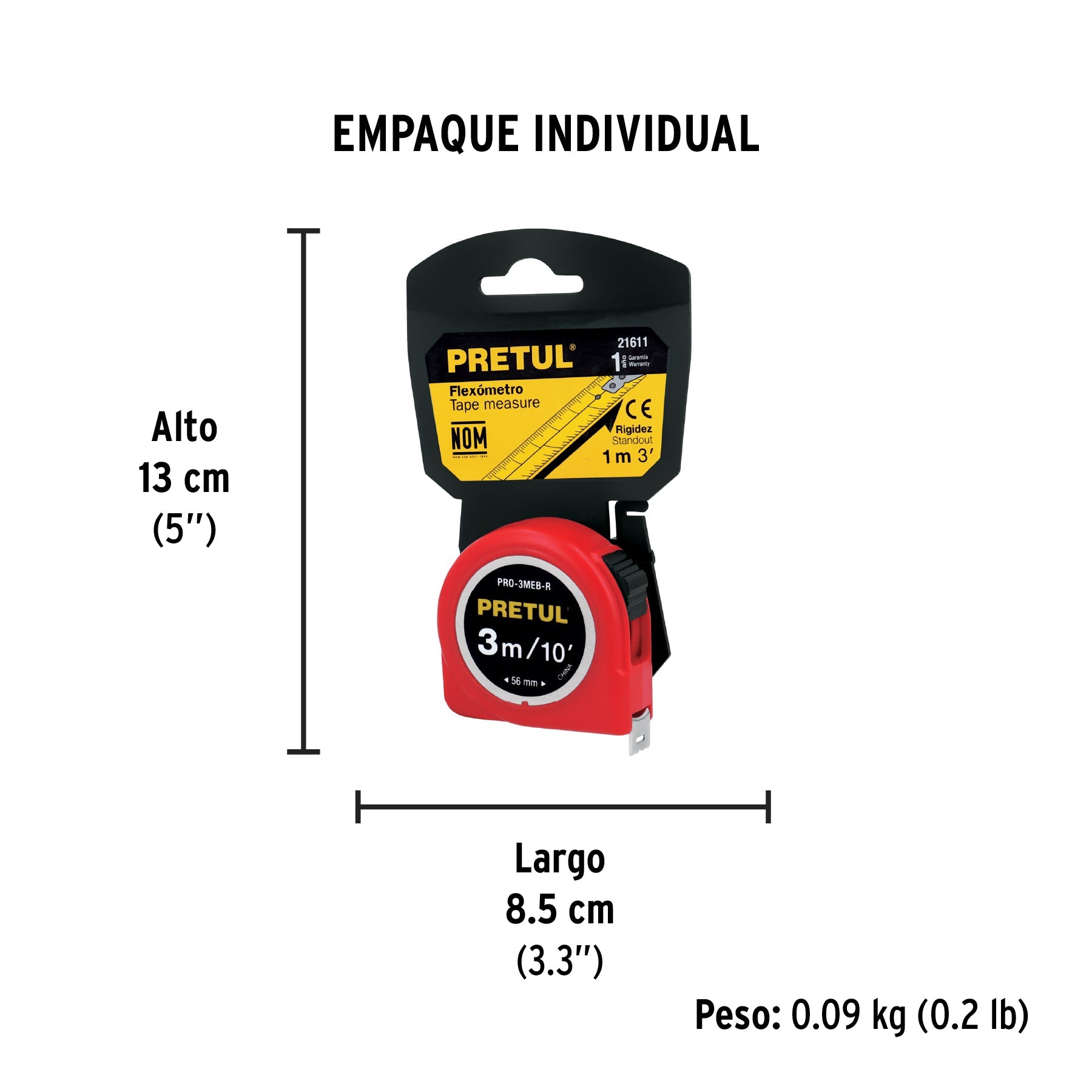 Flexómetro rojo 3 m cinta 13 mm, en tarjeta, PRETUL - Empaque