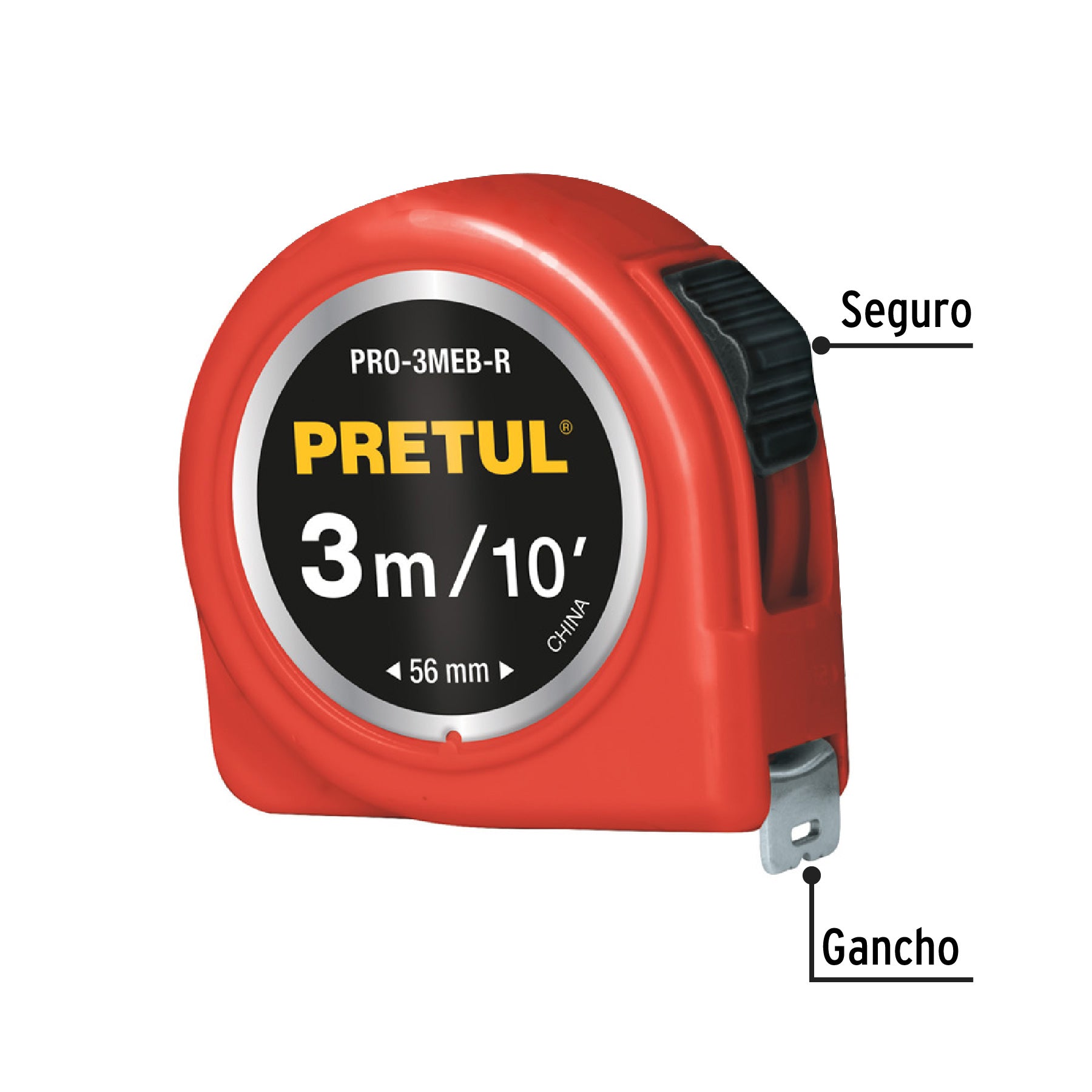 Flexómetro rojo 3 m cinta 13 mm, en tarjeta, PRETUL