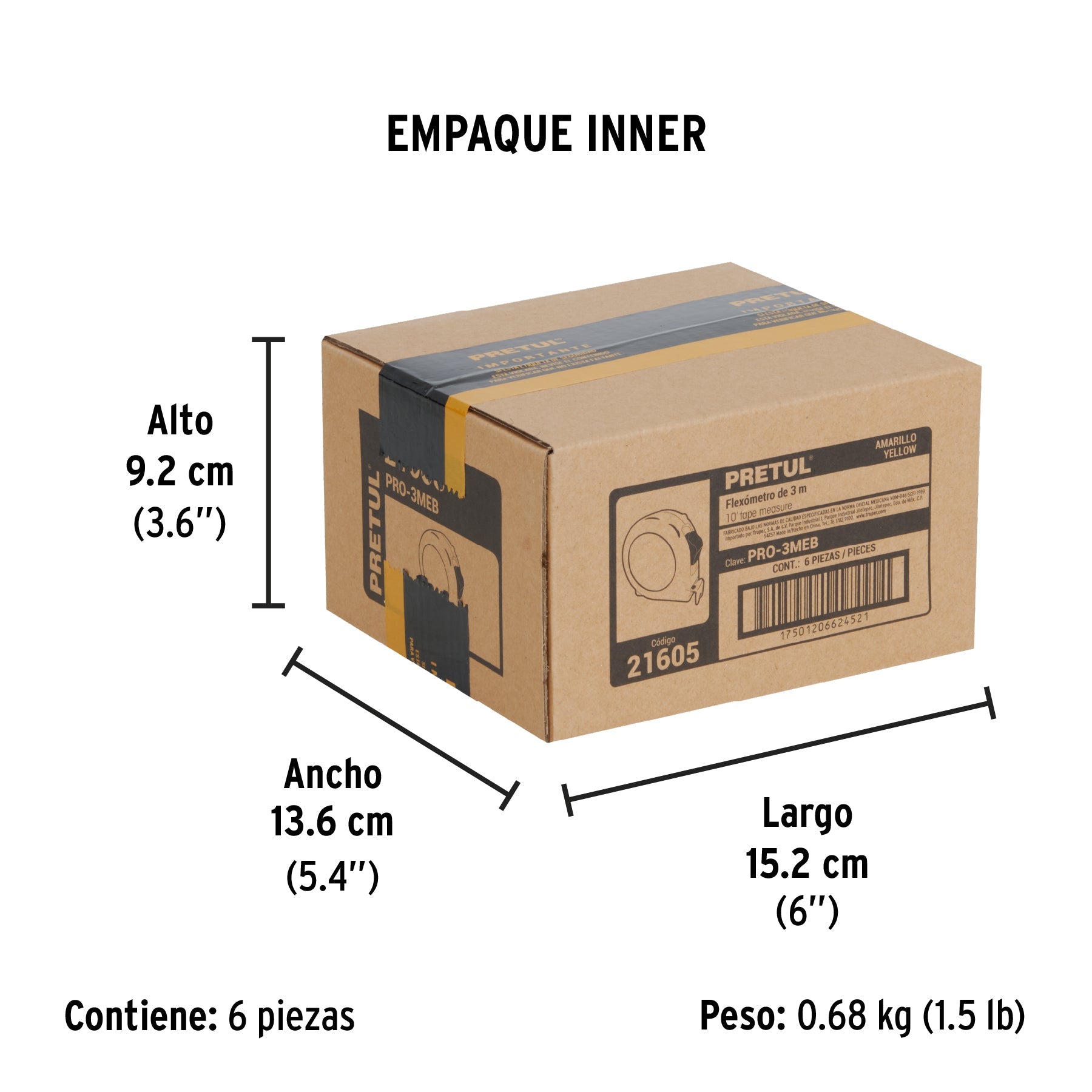 Flexómetro amarillo 3 m cinta 13 mm, en tarjeta, PRETUL - Empaque