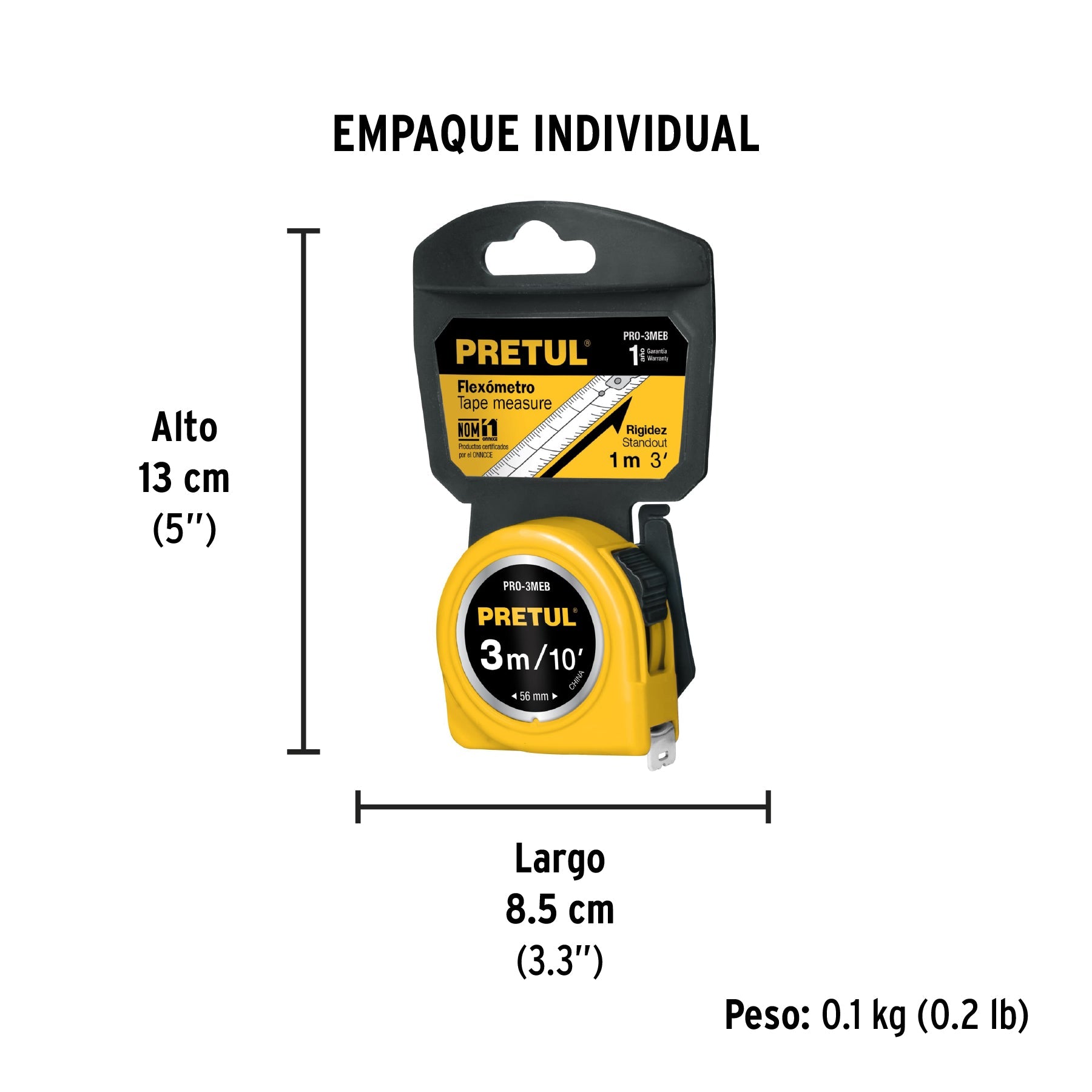 Flexómetro amarillo 3 m cinta 13 mm, en tarjeta, PRETUL - Empaque