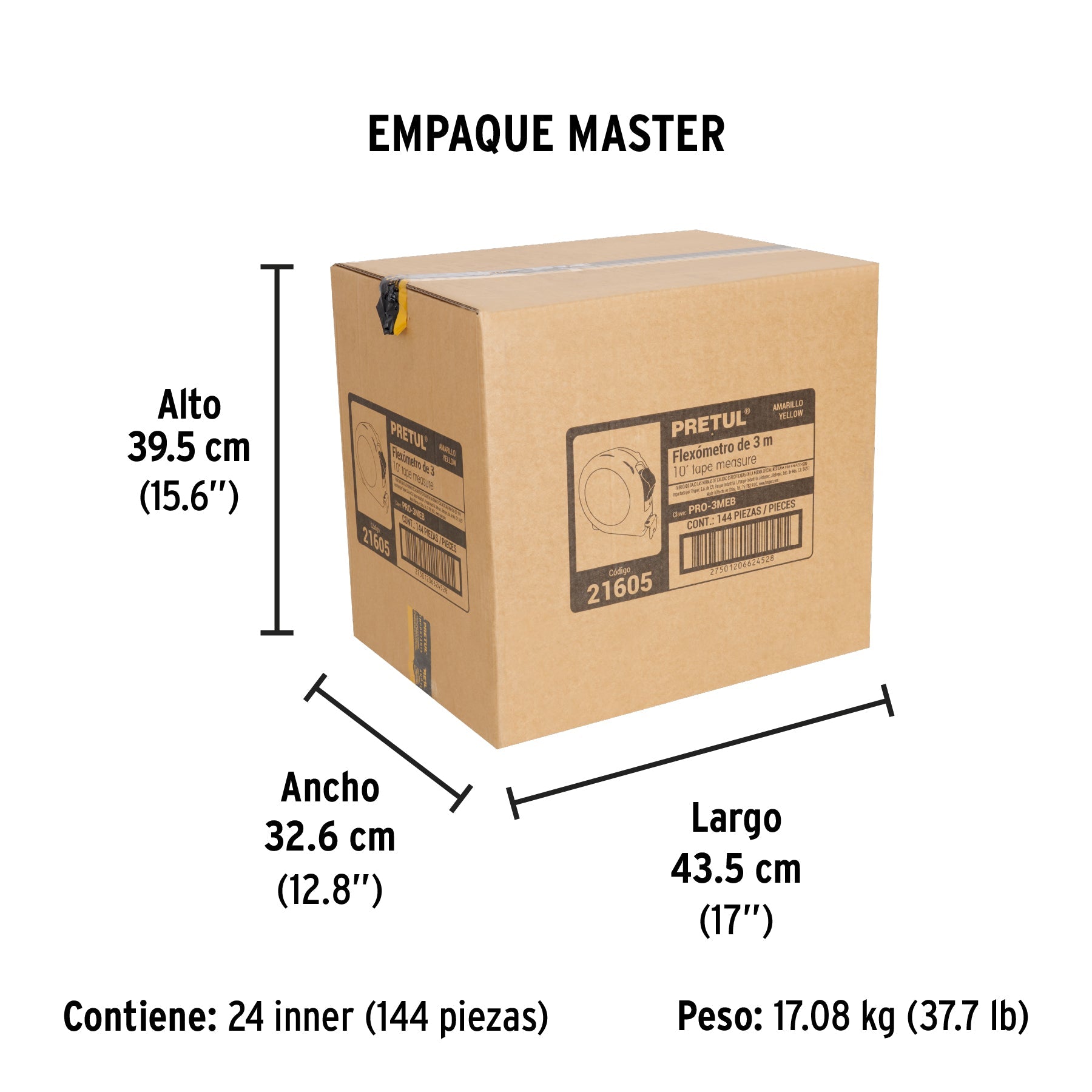Flexómetro amarillo 3 m cinta 13 mm, en tarjeta, PRETUL - Empaque