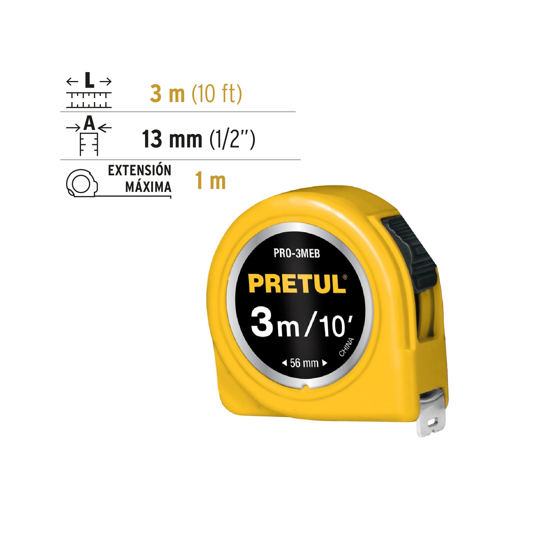 Flexómetro amarillo 3 m cinta 13 mm, en tarjeta, PRETUL