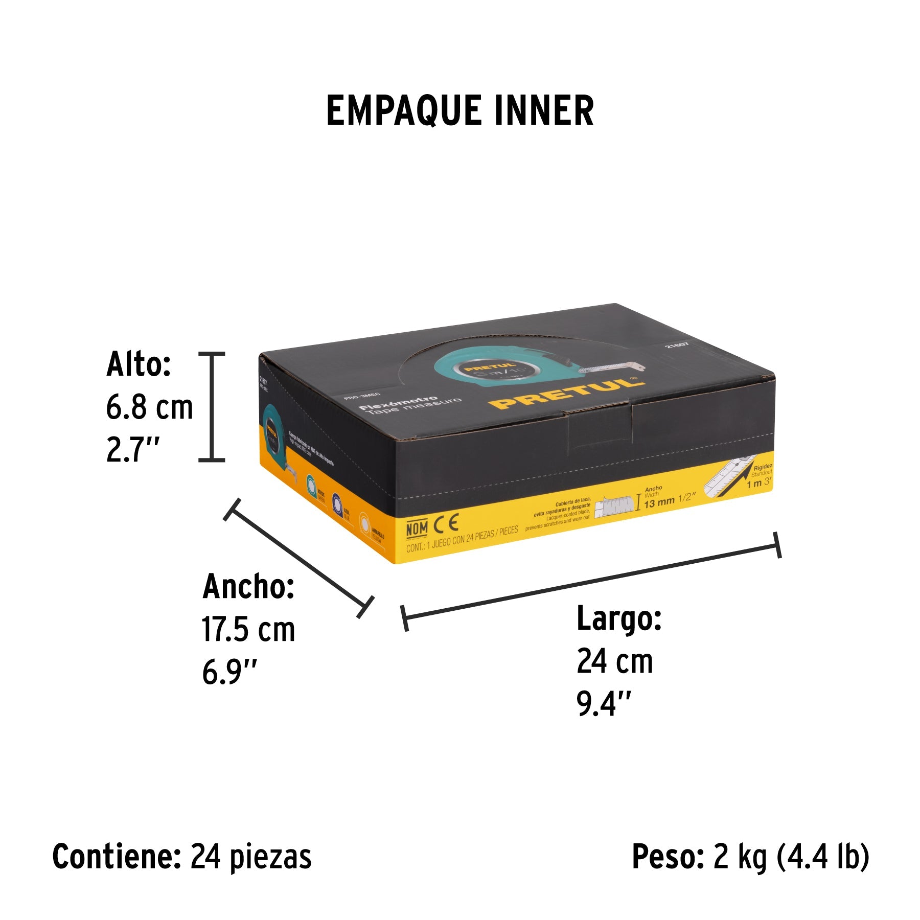 Flexómetro 3 m cinta 13 mm, en display box, PRETUL - Empaque