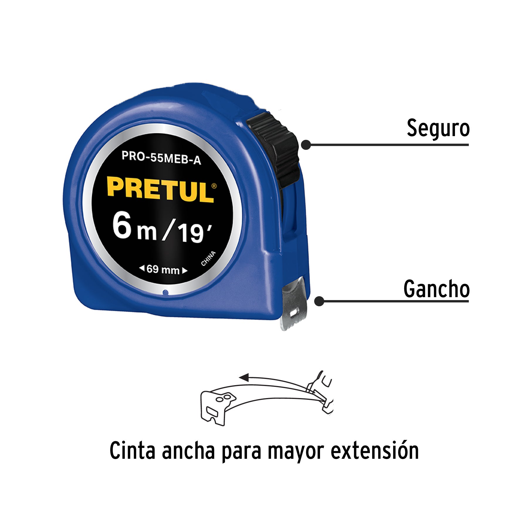 Flexómetro azul 6 m cinta 25 mm, en tarjeta, PRETUL