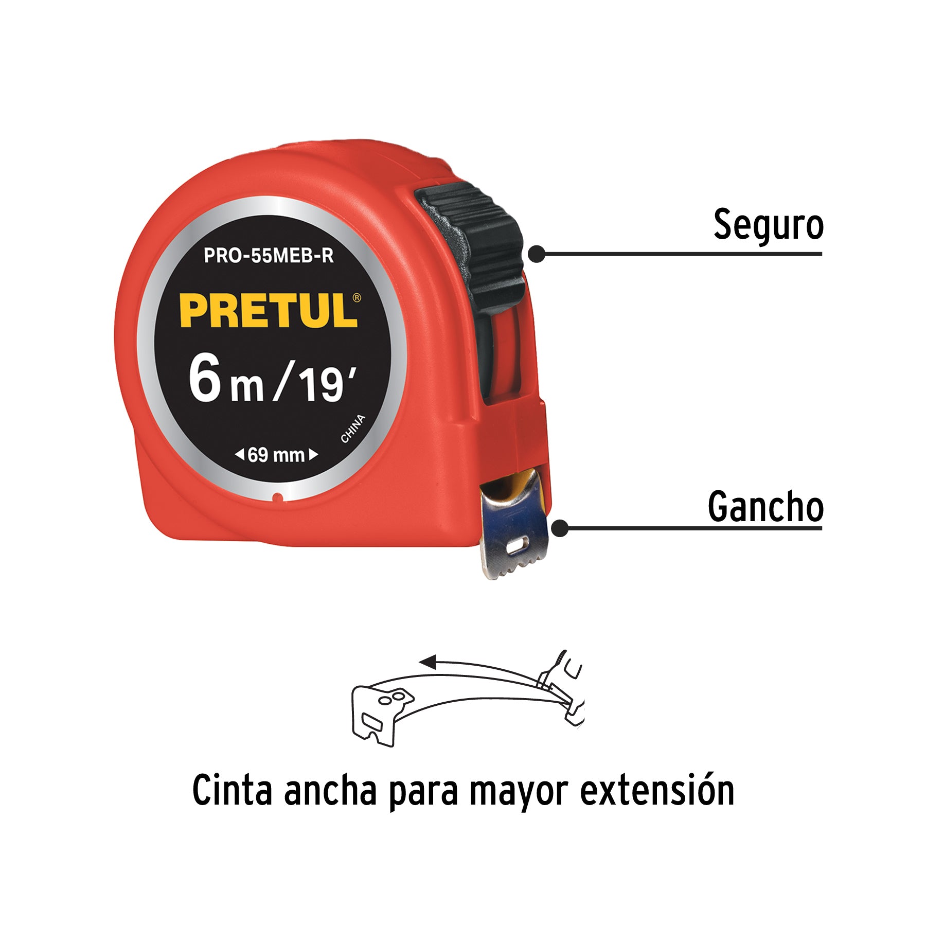 Flexómetro rojo 6 m cinta 25 mm, en tarjeta, PRETUL