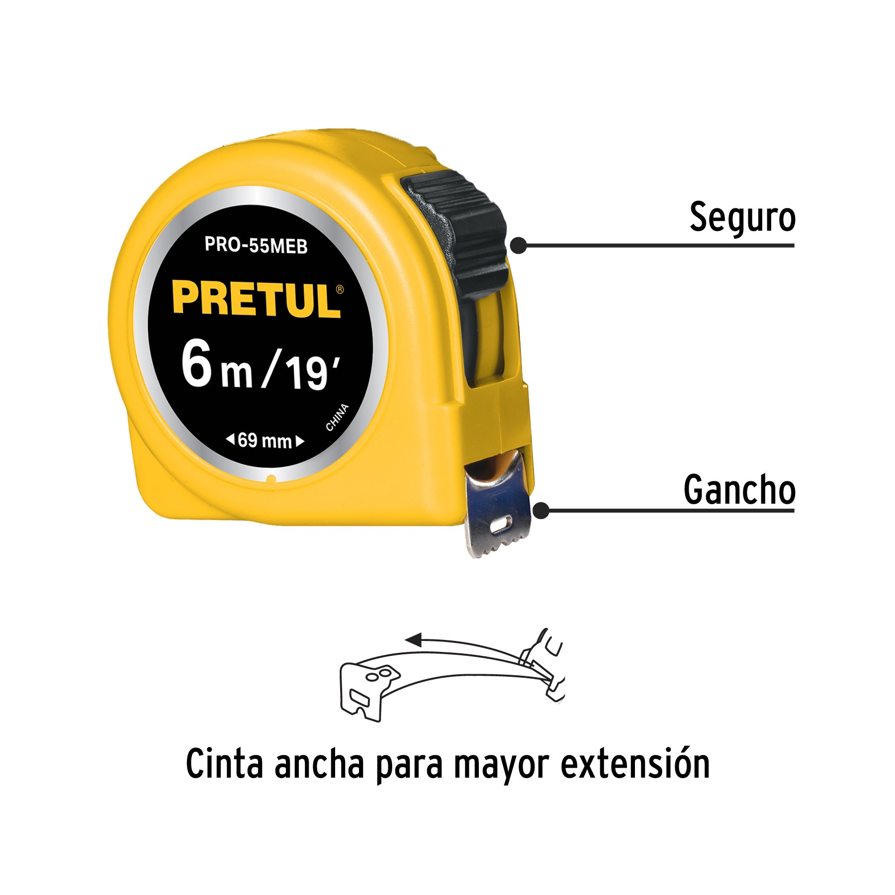 Flexómetro amarillo 6 m cinta 25 mm, en tarjeta, PRETUL