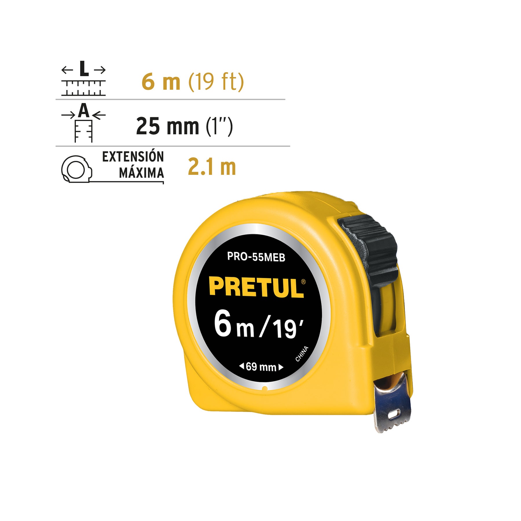 Flexómetro amarillo 6 m cinta 25 mm, en tarjeta, PRETUL