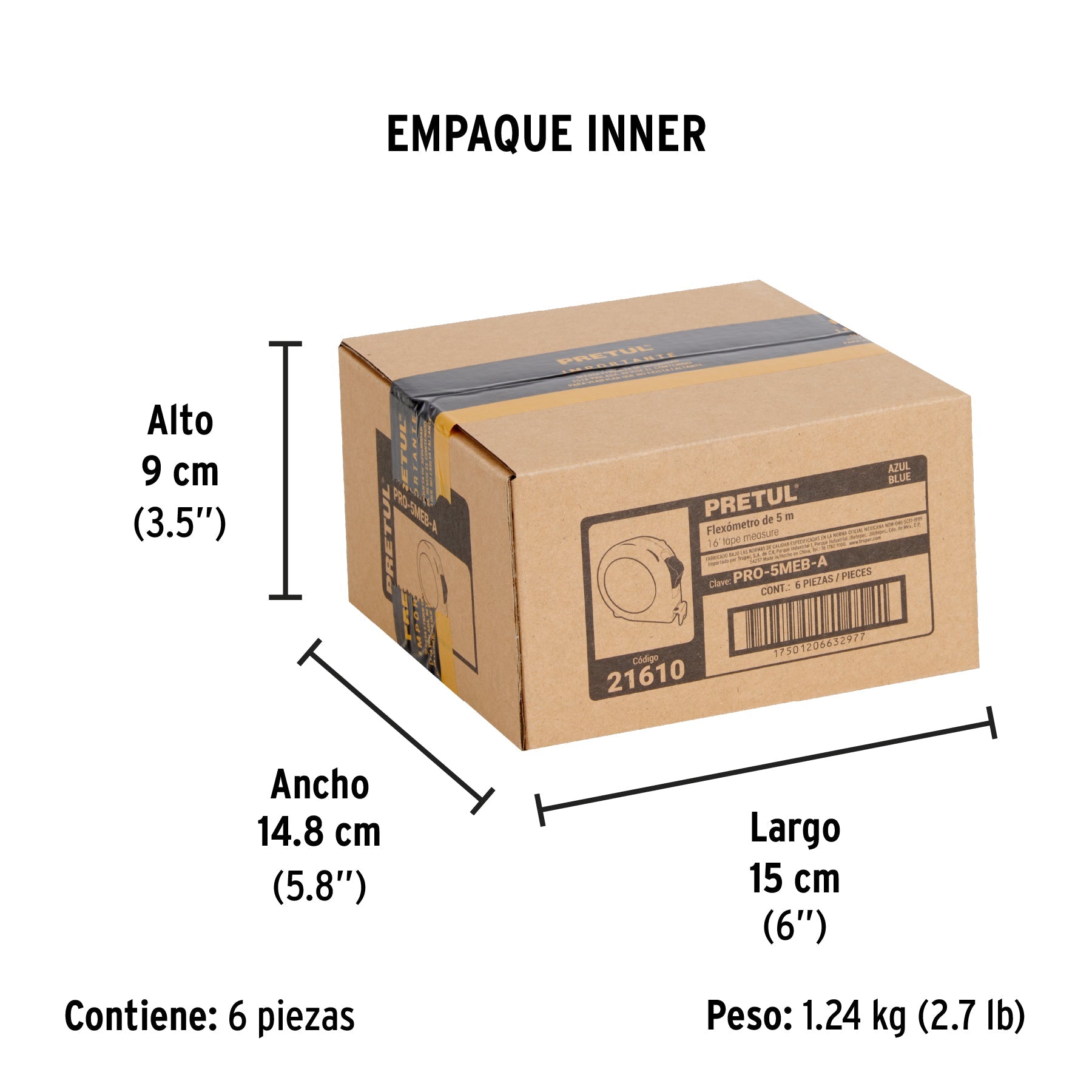 Flexómetro azul 5 m cinta 19 mm, en tarjeta, PRETUL - Empaque