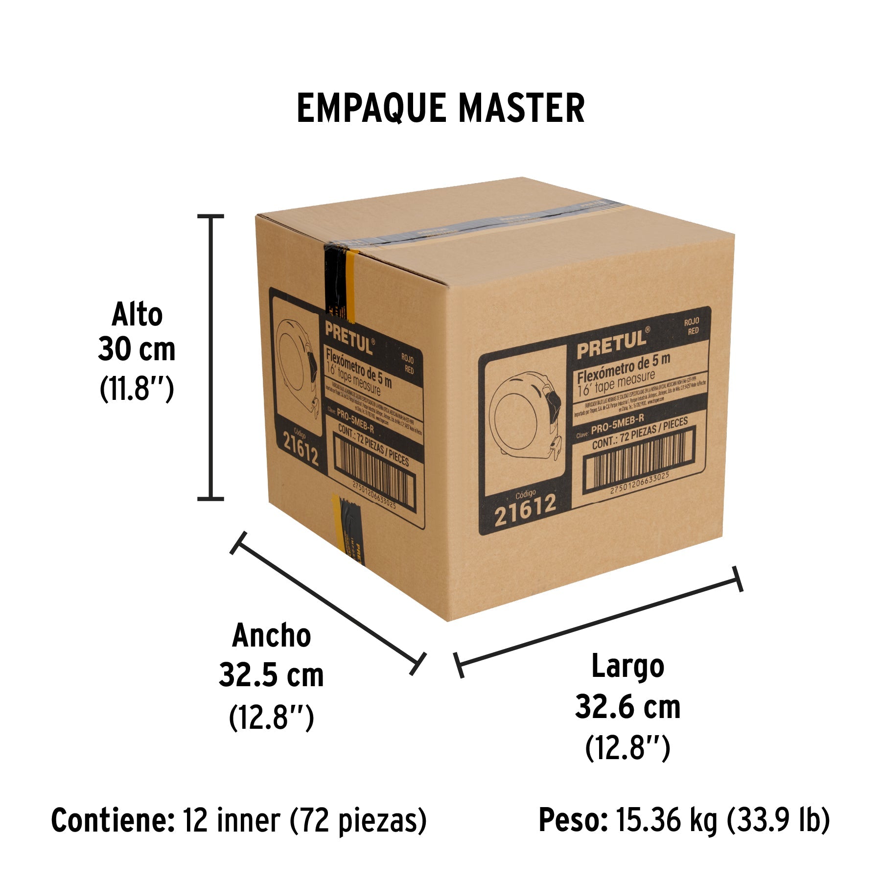 Flexómetro rojo 5 m cinta 19 mm, en tarjeta, PRETUL - Empaque