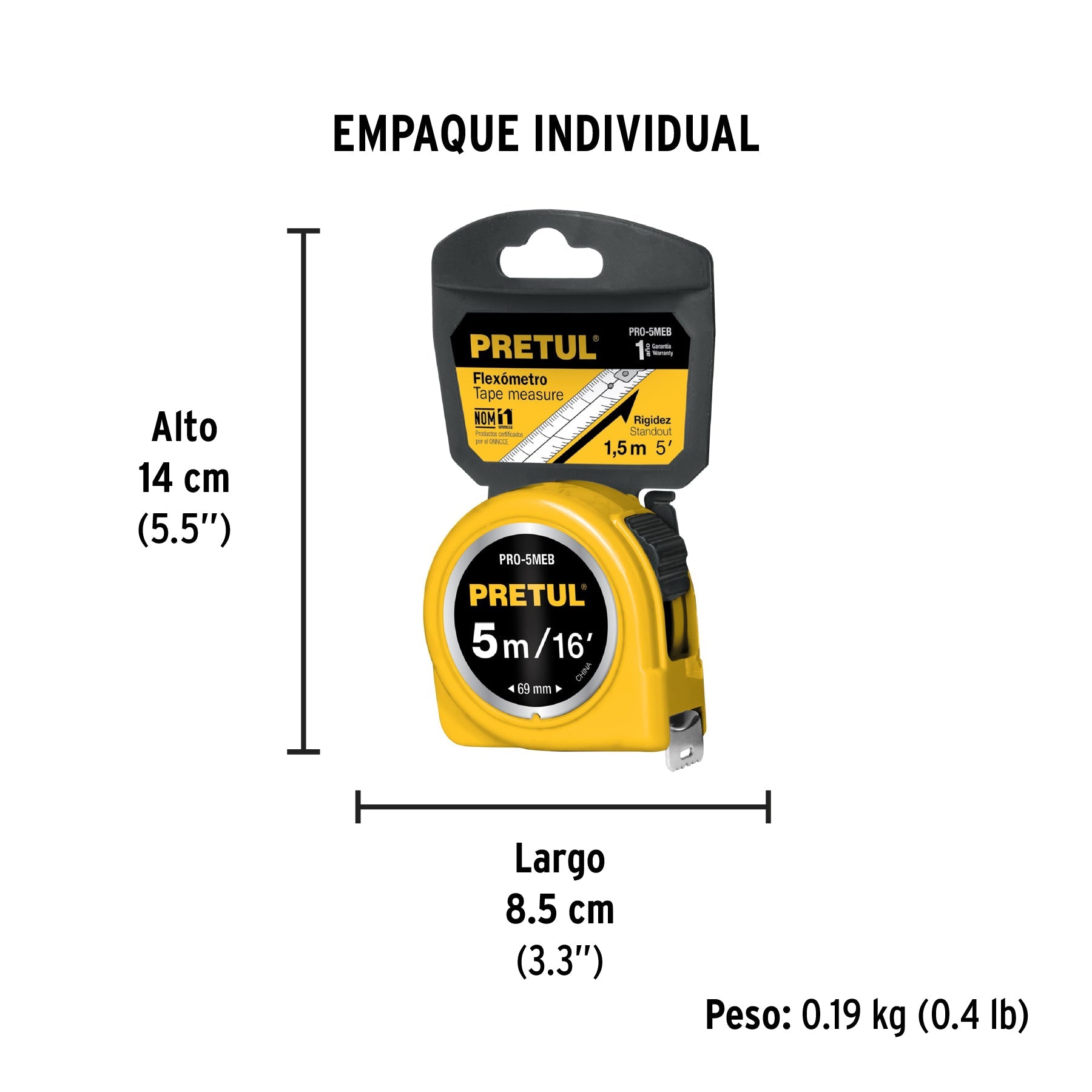Flexómetro amarillo 5 m cinta 19 mm, en tarjeta, PRETUL - Empaque