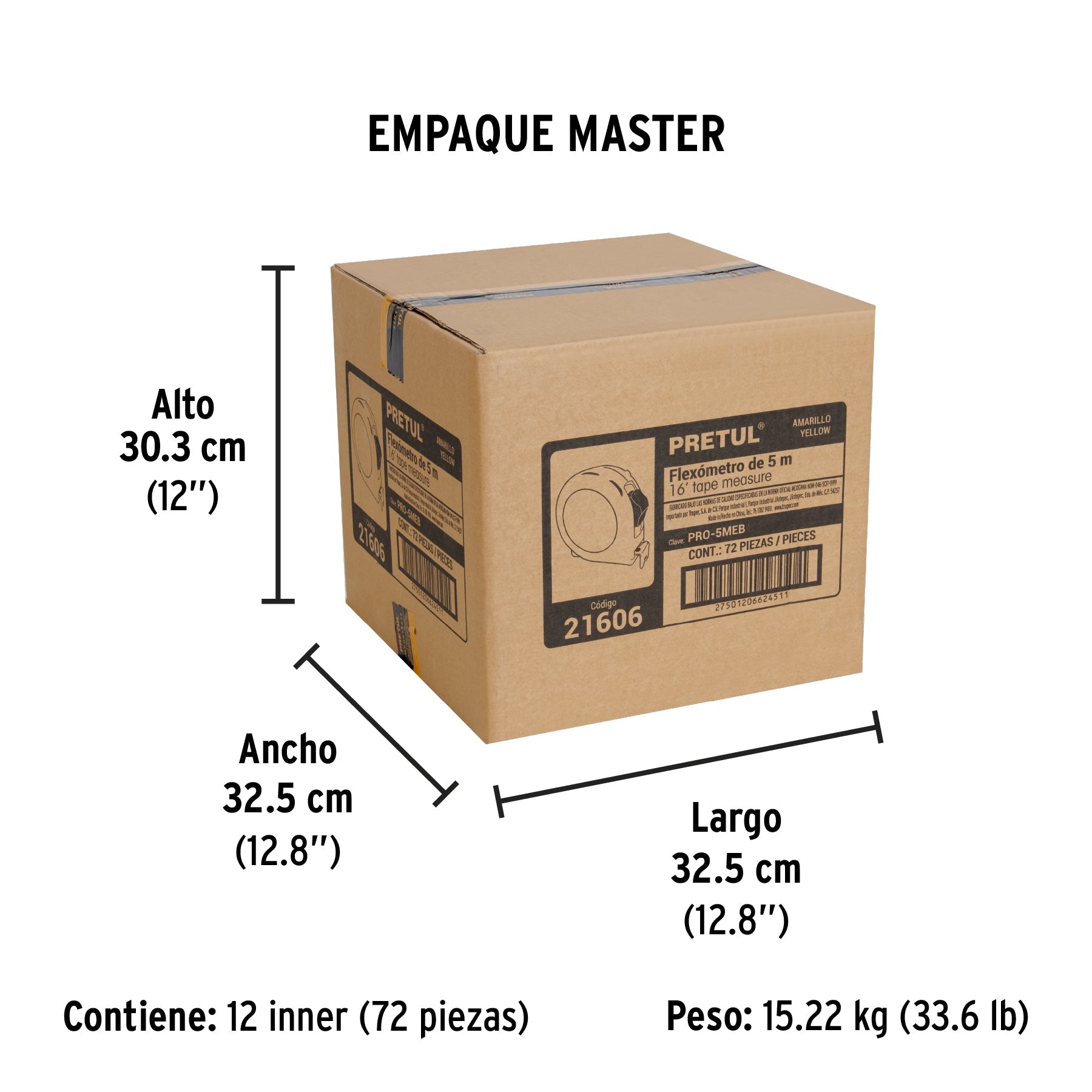 Flexómetro amarillo 5 m cinta 19 mm, en tarjeta, PRETUL - Empaque