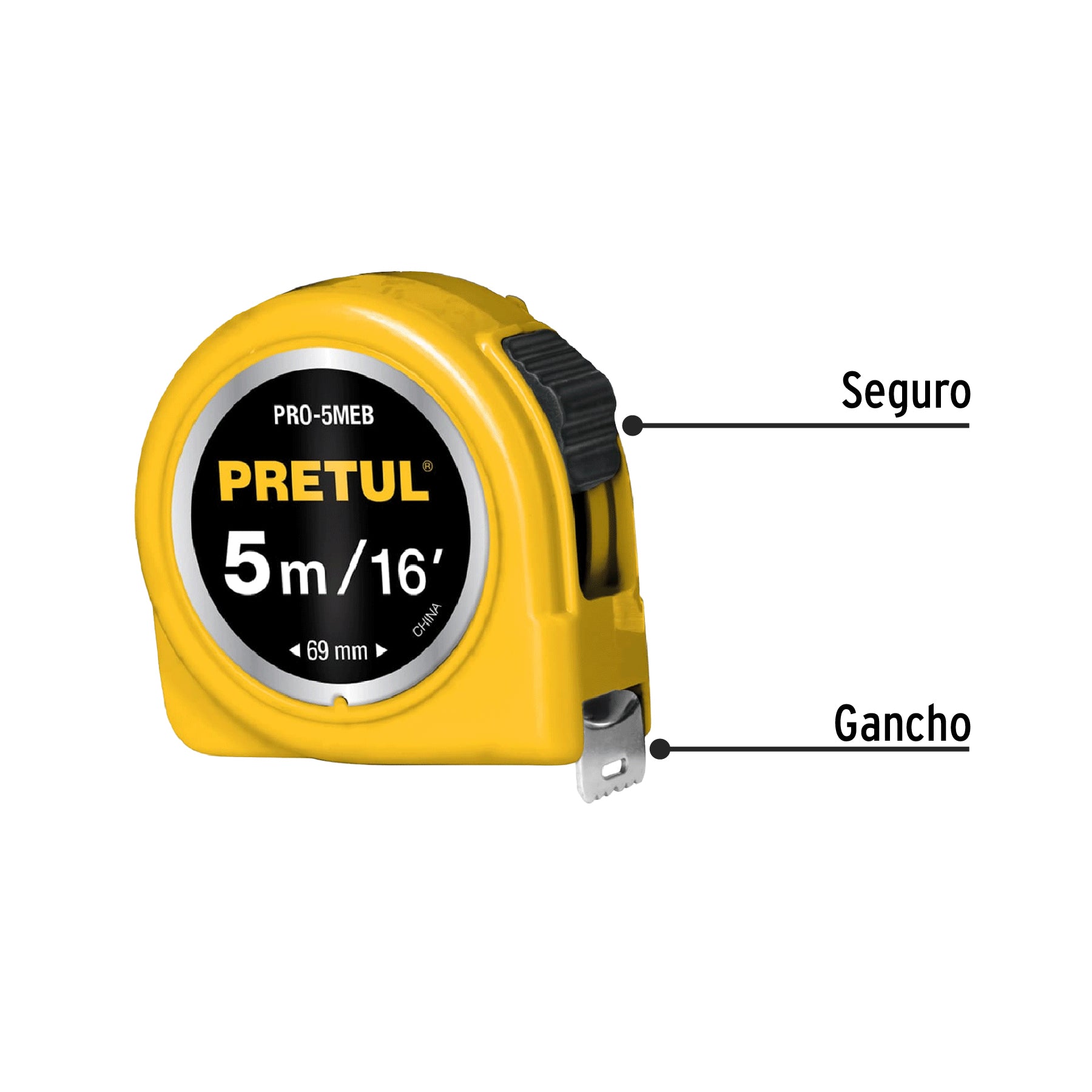 Flexómetro amarillo 5 m cinta 19 mm, en tarjeta, PRETUL