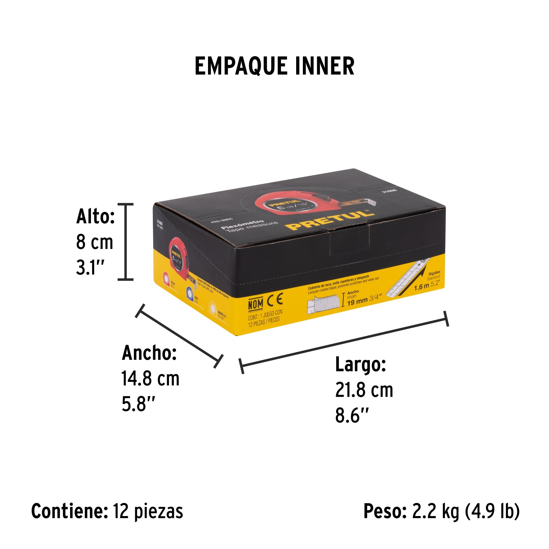 Flexómetro 5 m cinta 19 mm, en display box, PRETUL - Empaque