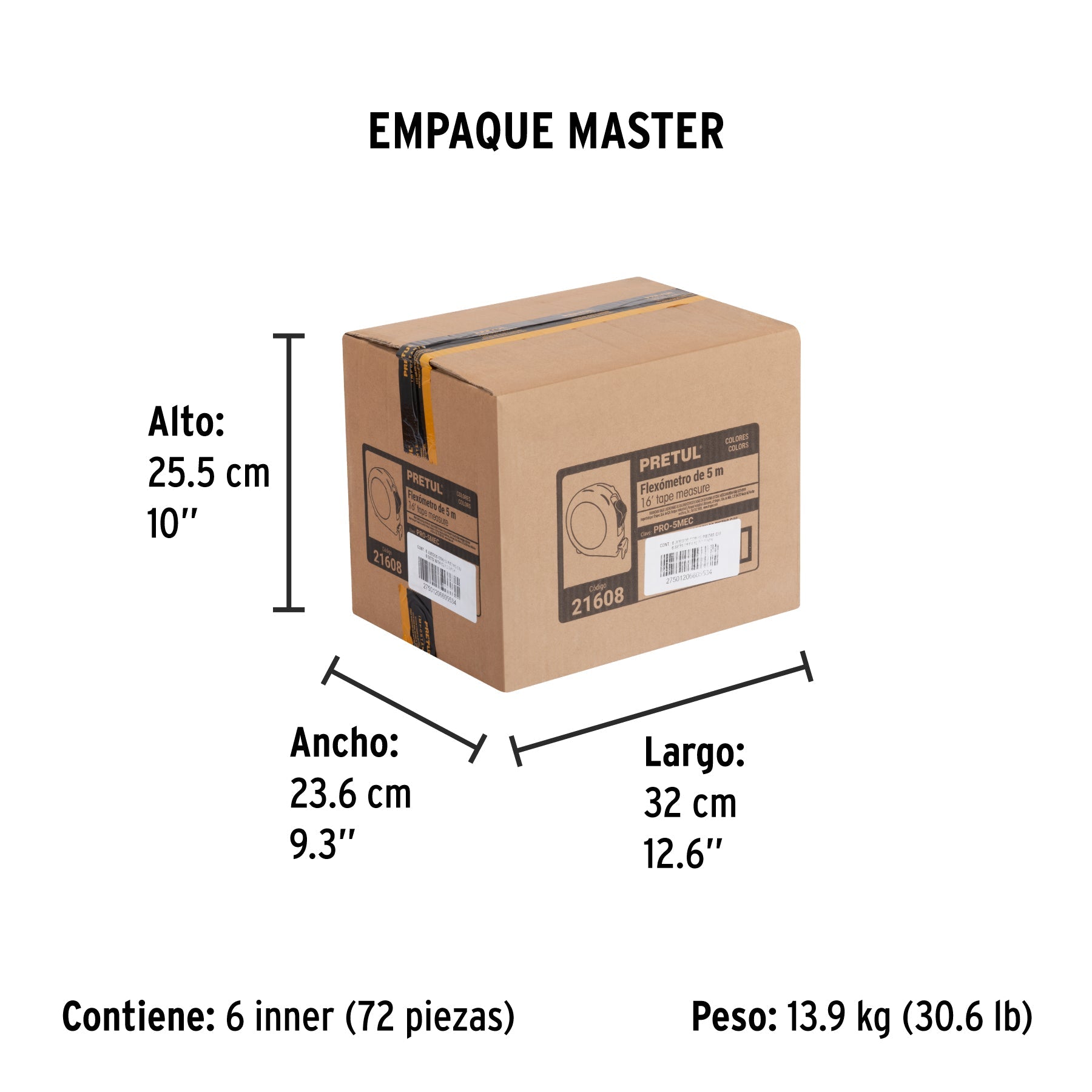 Flexómetro 5 m cinta 19 mm, en display box, PRETUL - Empaque